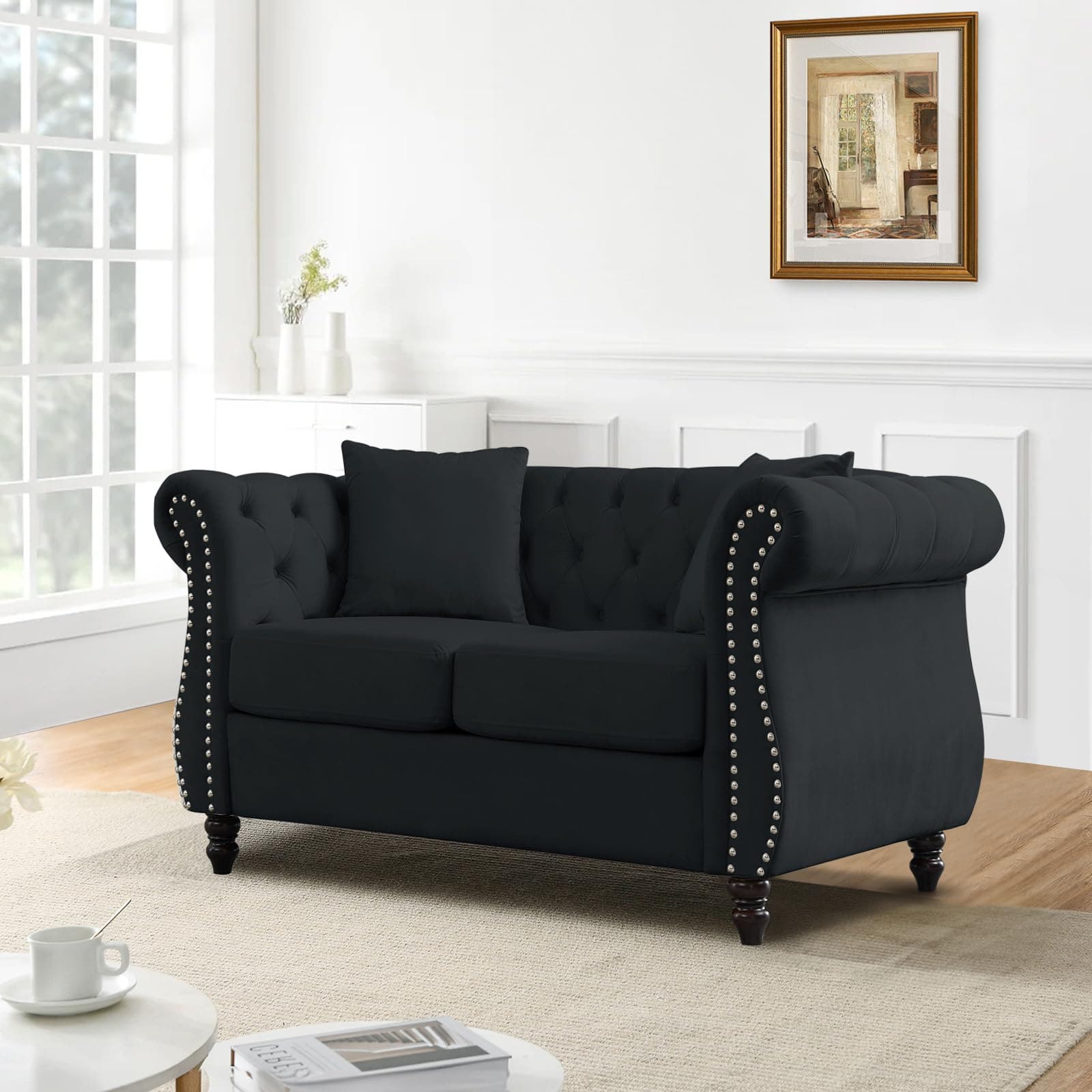 Velvet Chesterfield Sofa with Nailhead Trim, 2 Seater Loveseat for Living Room, Bedroom, Office