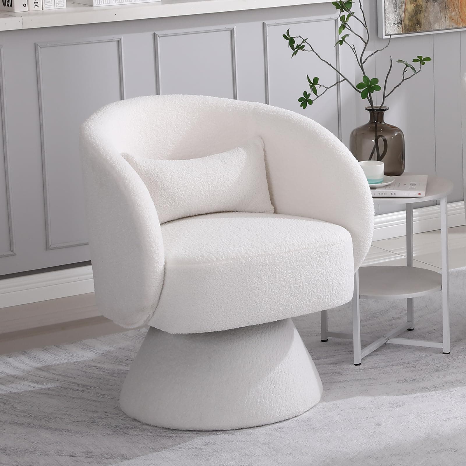 KIVENJAJA Teddy White Swivel Armchair with Pillow for Living Room