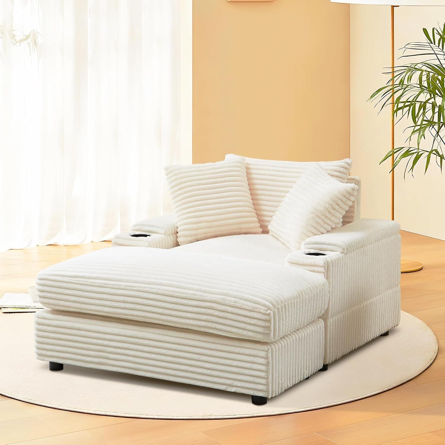 44" Beige Corduroy Storage Chaise Longue with Cup Holder