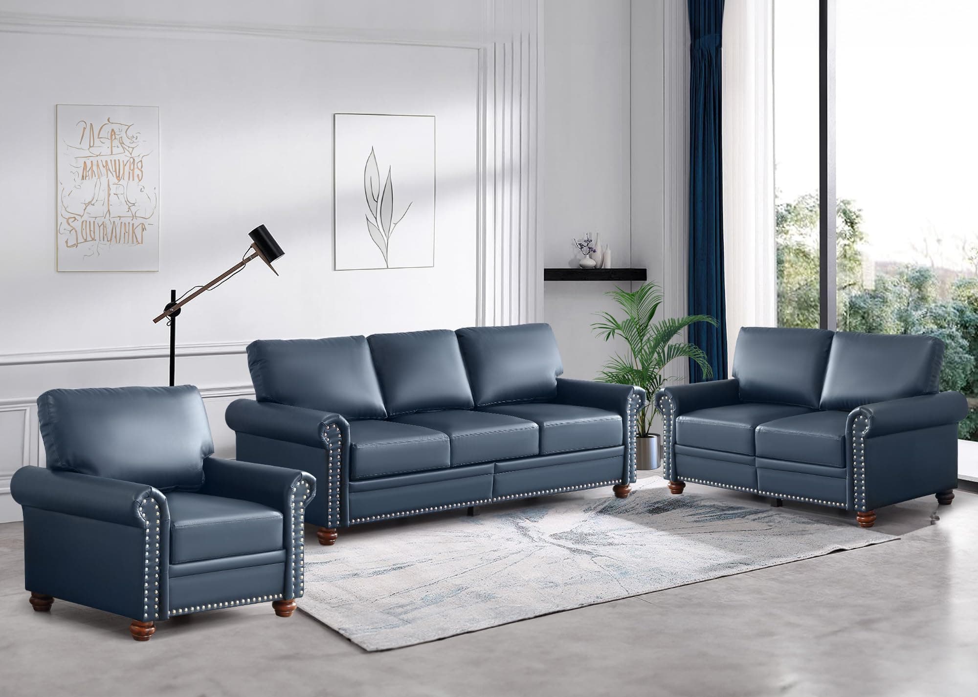 3 Piece Faux Leather Sofa Set with Storage, Navy Blue