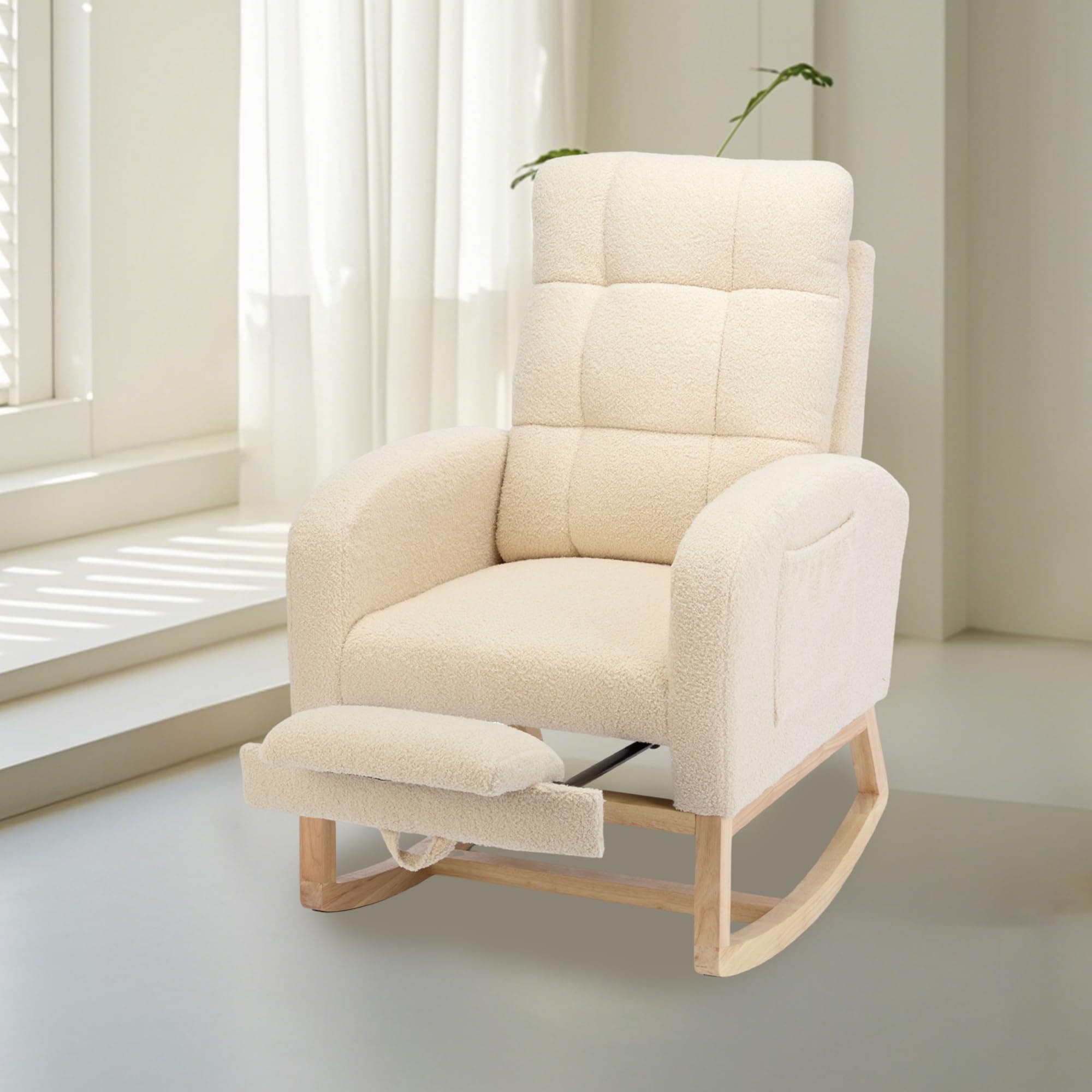 Teddy Fabric Rocking Chair with Adjustable Footrest (Beige)