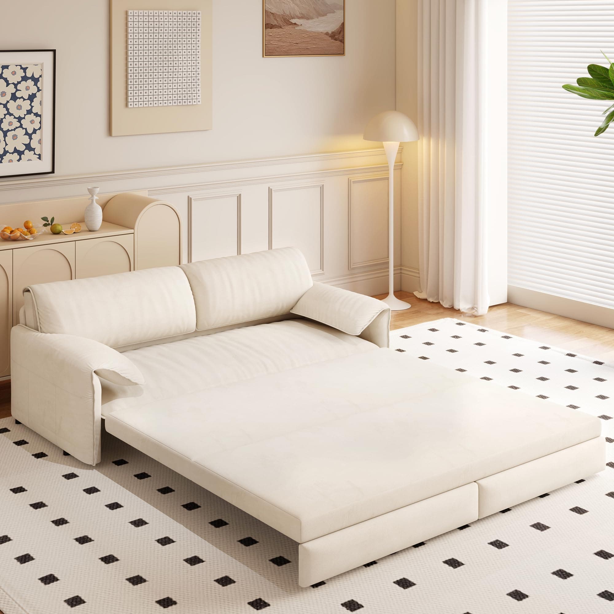 GNIXUU 66" Queen Pull-Out Sofa Bed, Beige Velvet Sleeper Couch with Side Storage
