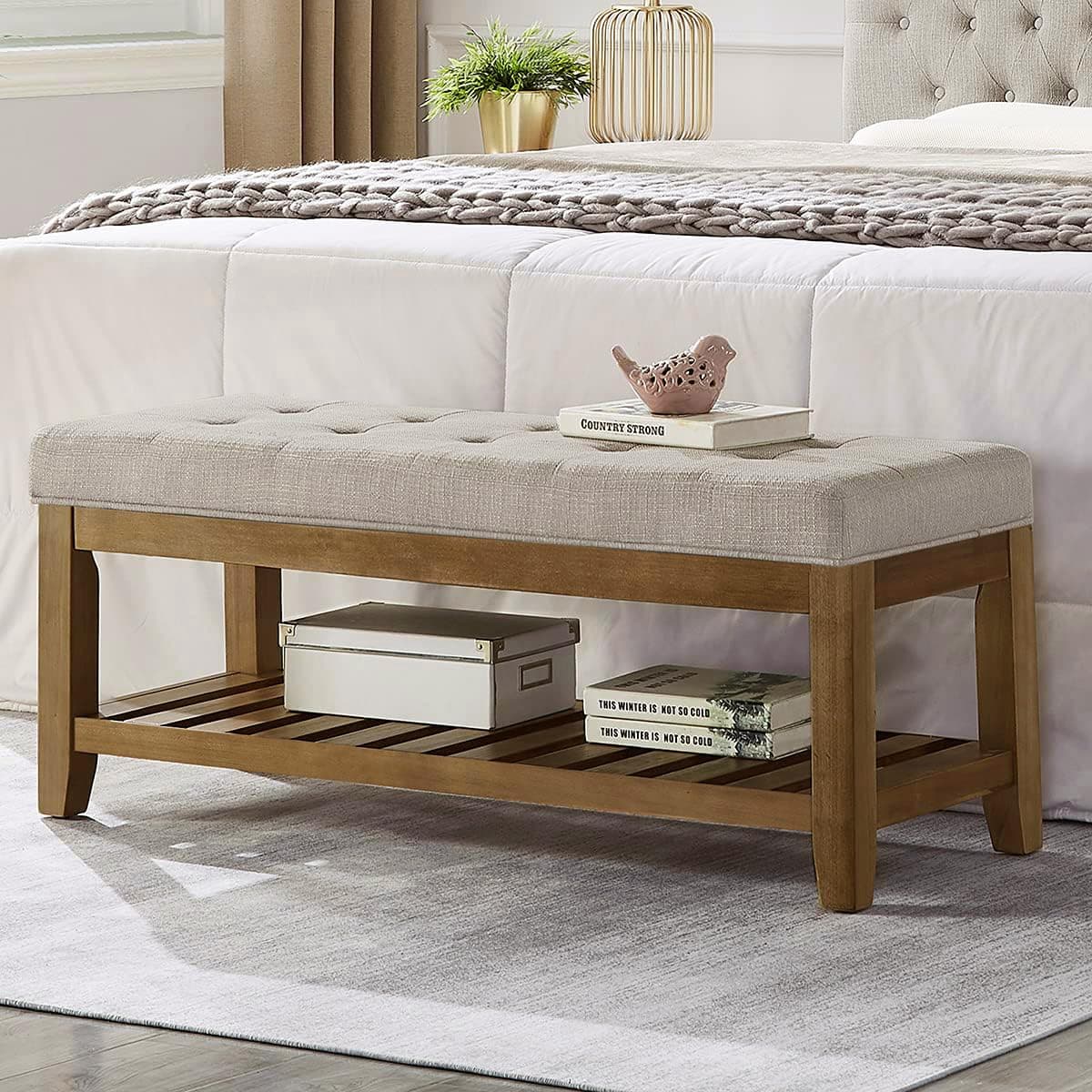 24KF Large Rectangular Upholstered Linen Tufted Ottoman Benchmark