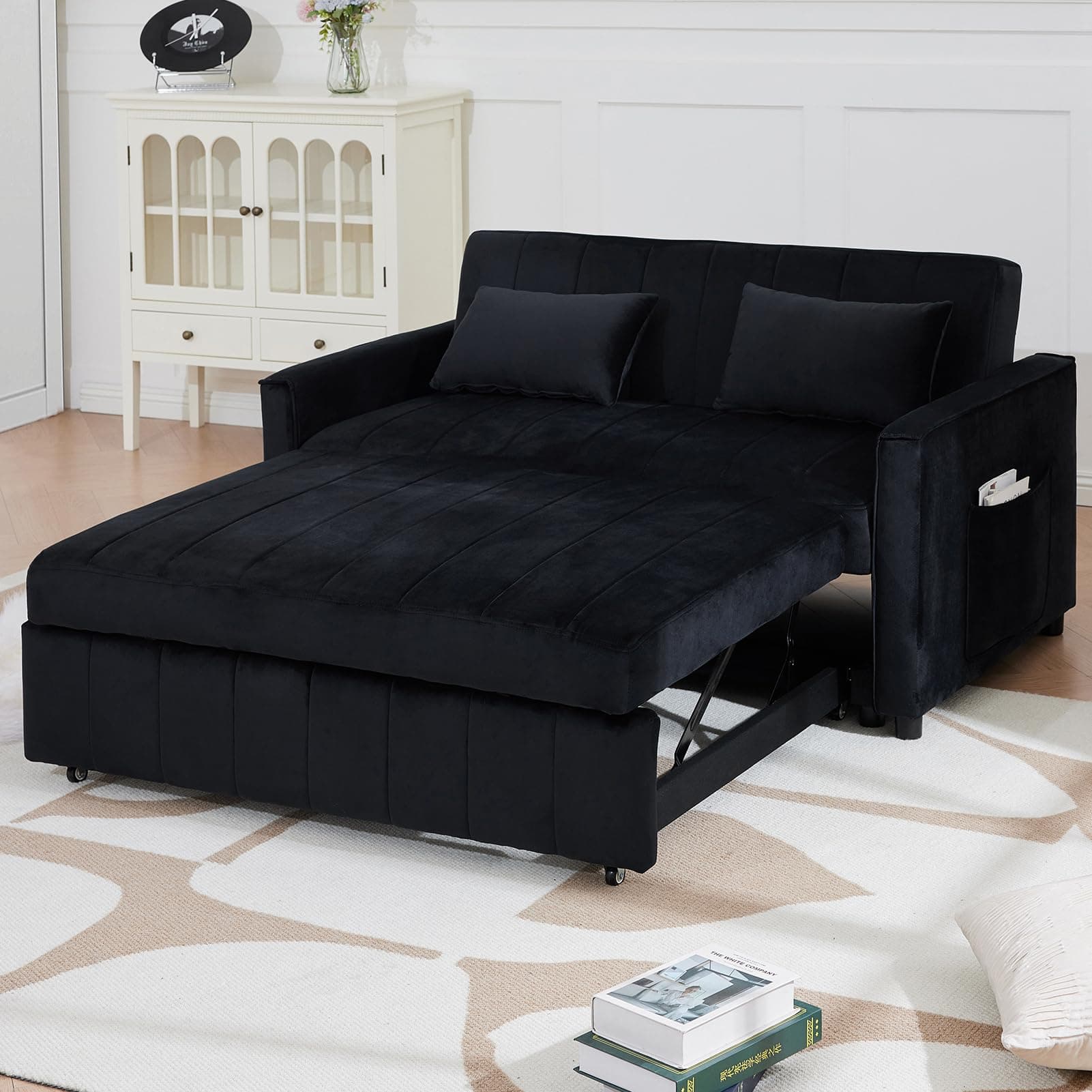 Black 55.51" 3-in-1 Futon Sofa Bed with Pullout Bed & Adjustable Backrest