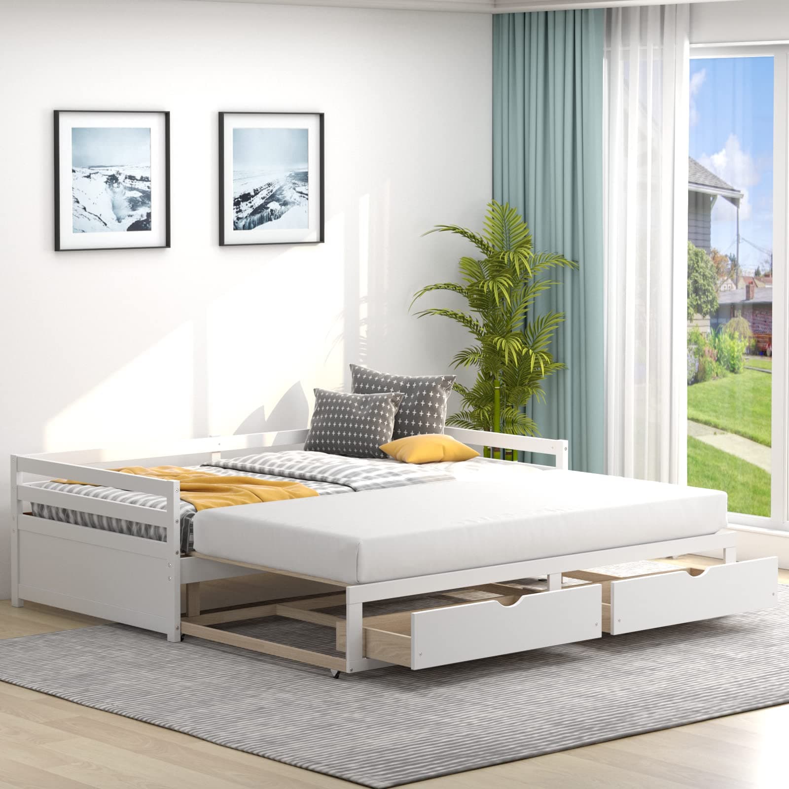 Modern Twin to King Daybed with Trundle, 2 Drawers, Pull Out Bed - White