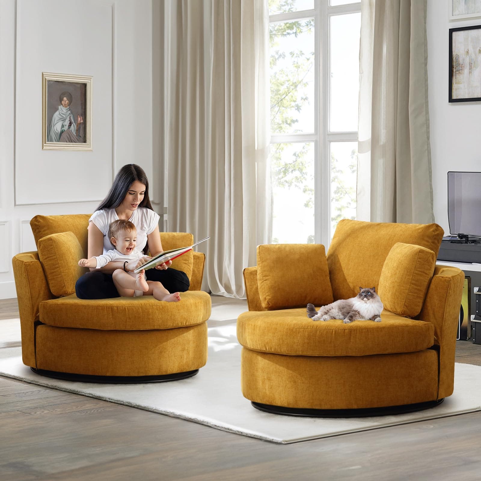 JEEOHEY 40" Chenille Swivel Chair Set, Modern 360° Nursery, Living Room Chair (Yellow)