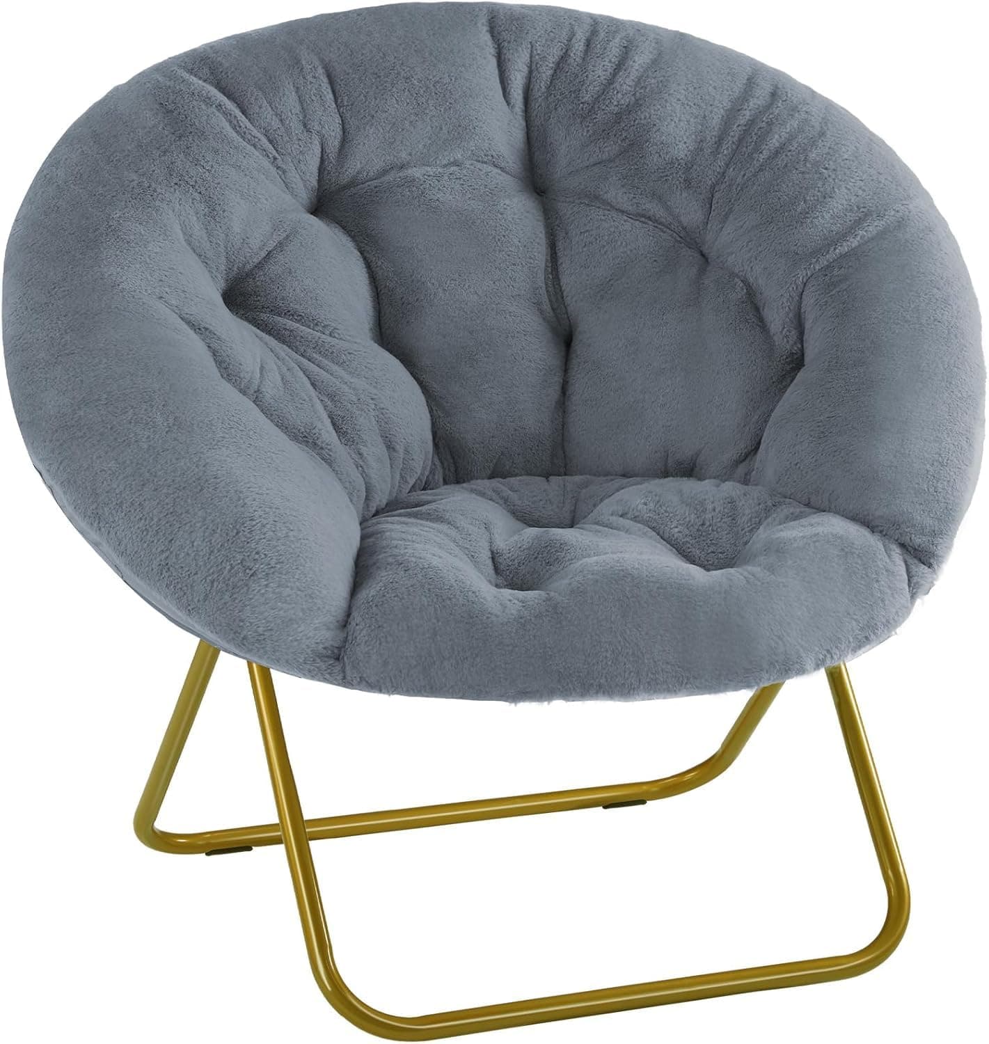 YSSOA Grey Foldable Faux Fur Saucer Chair for Adults & Teens