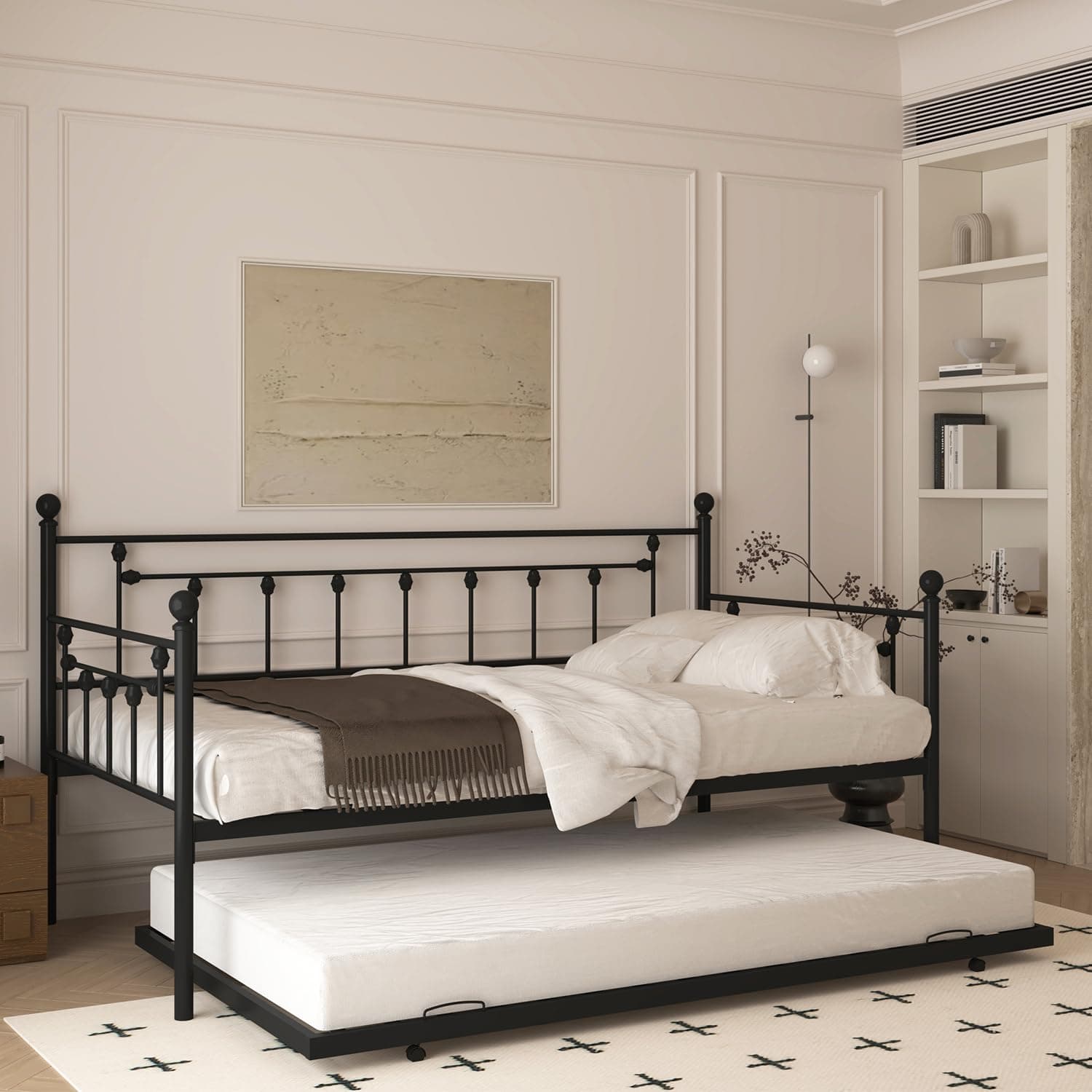 Twin Size Daybed with Trundle, Metal Sofa Bed Frame (Black)