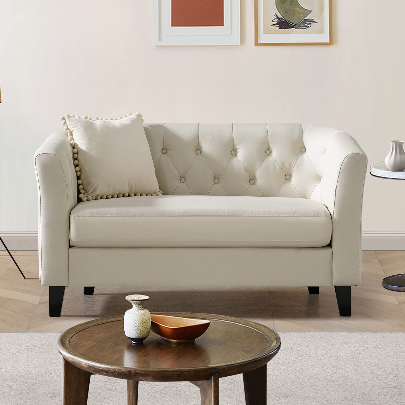 50" Button Tufted Loveseat Sofa for Small Spaces, Contemporary Beige