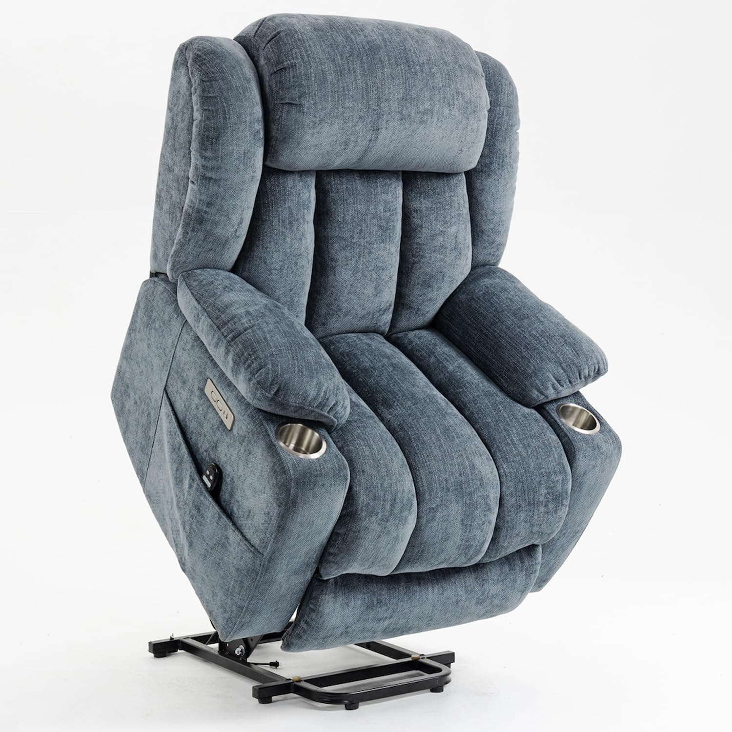 Chenille Blue Power Lift Recliner with Full-Body Massage and Heat