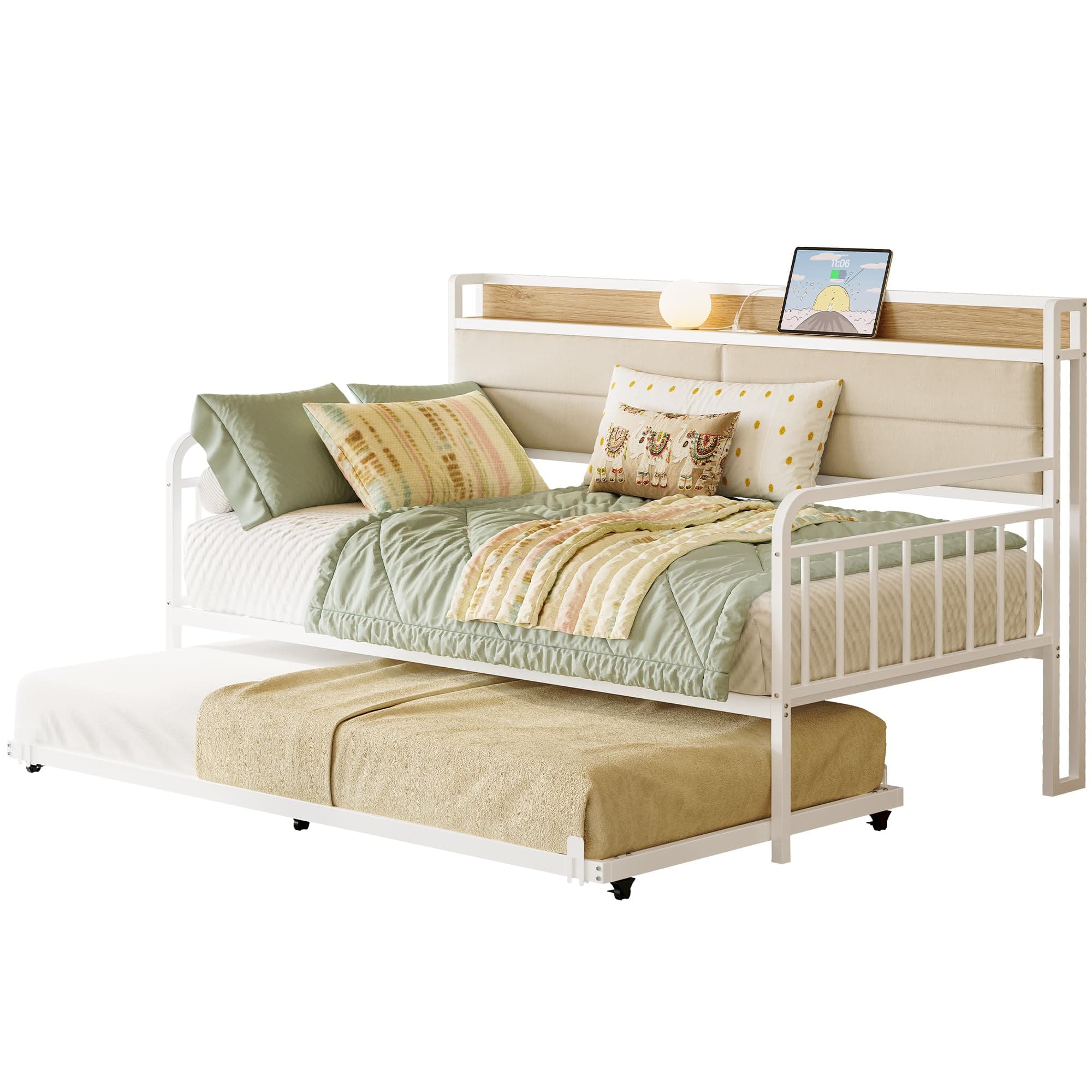 LIKIMIO Sturdy Metal Twin Daybed with Upholstered Headboard & Charging Station, White
