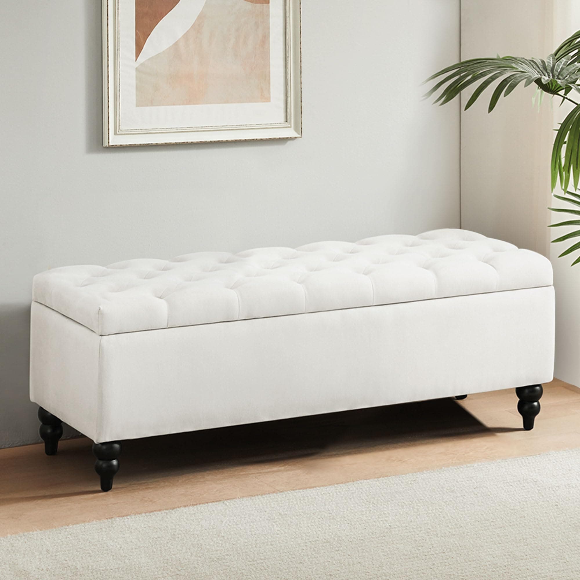 Ivory Upholstered Storage Ottoman Bench with Large Blanket Storage (50.2")