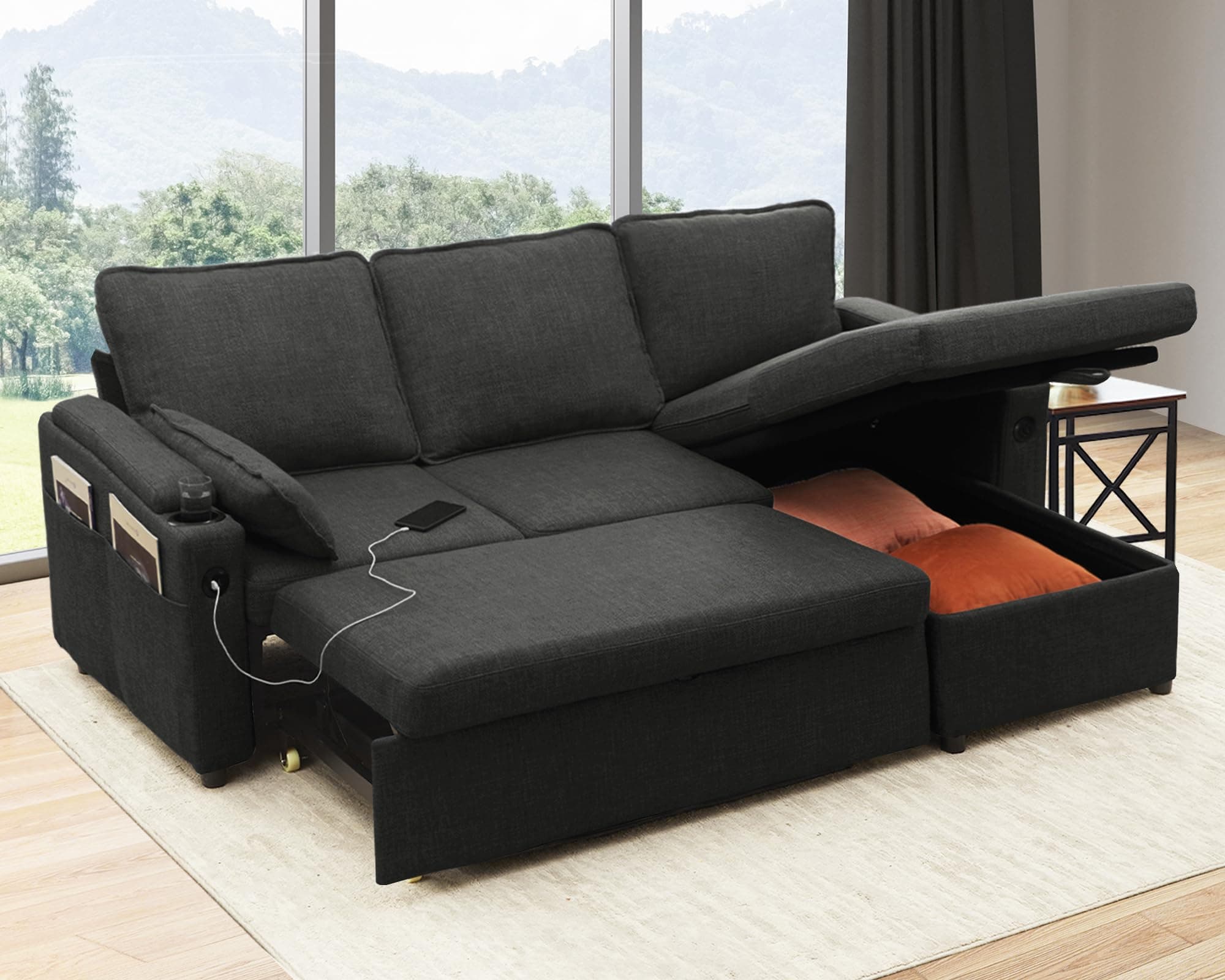 DURASPACE 2-in-1 Sectional Sleeper Sofa with Storage, USB & Cup Holder (Dark Gray)