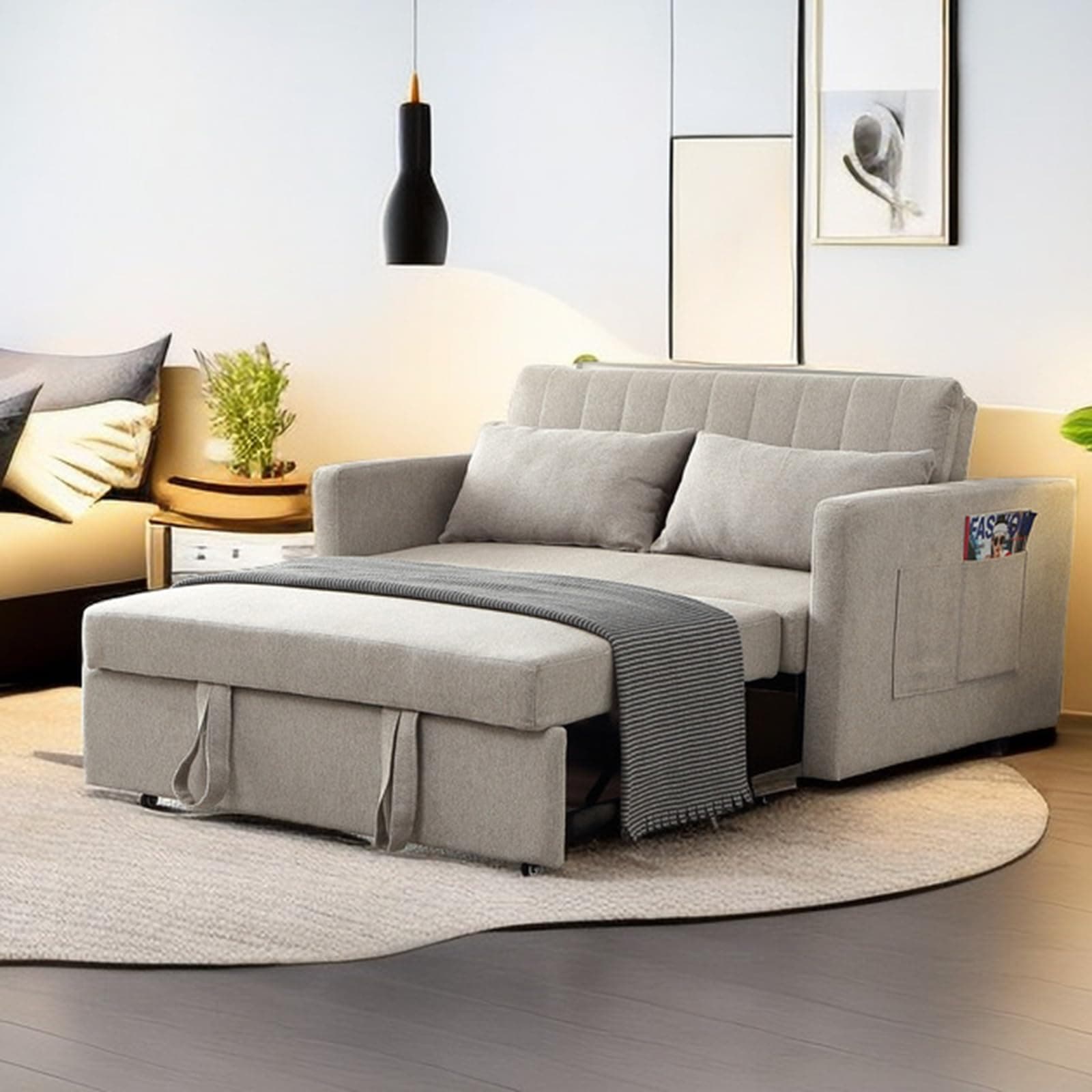 Light Grey Convertible Futon Sofa Bed with Side Pocket