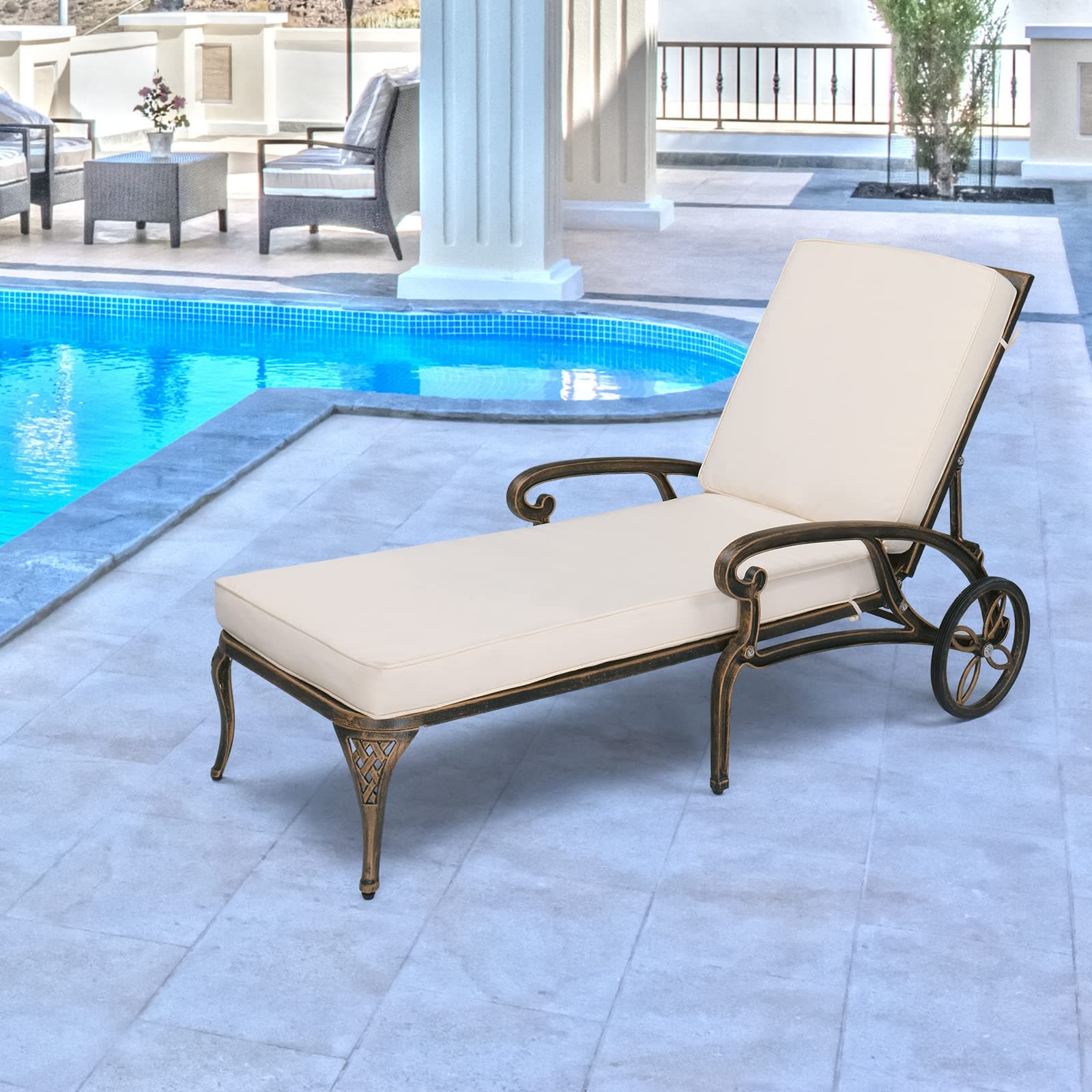 VINGLI Bronze Cast Aluminum Outdoor Chaise Lounge Chair with Cushion