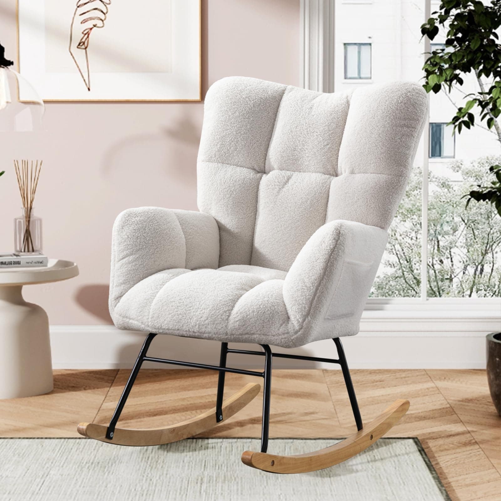 Beige Teddy Upholstered Rocking Chair with High Backrest for Bedroom & Living Room