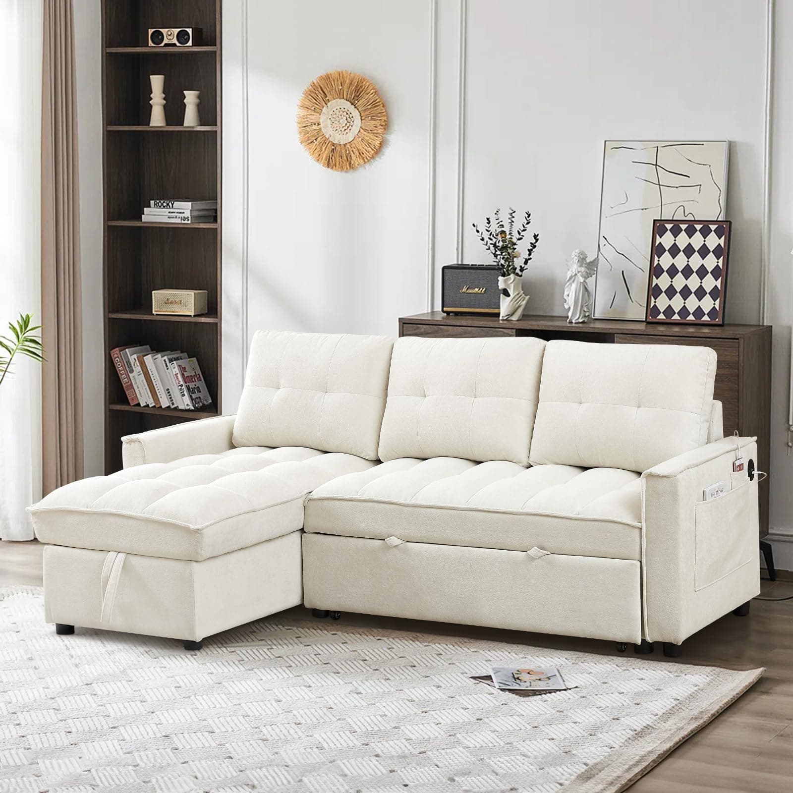 Convertible Sectional Sleeper Sofa Couch with Pull Out Bed,78" Tufted Chenille L Shaped Couch w/ Reversible Storage Chaise&USB/Type C Charge Port for Living Room,Office,Apartment(3-Seater,Beige)