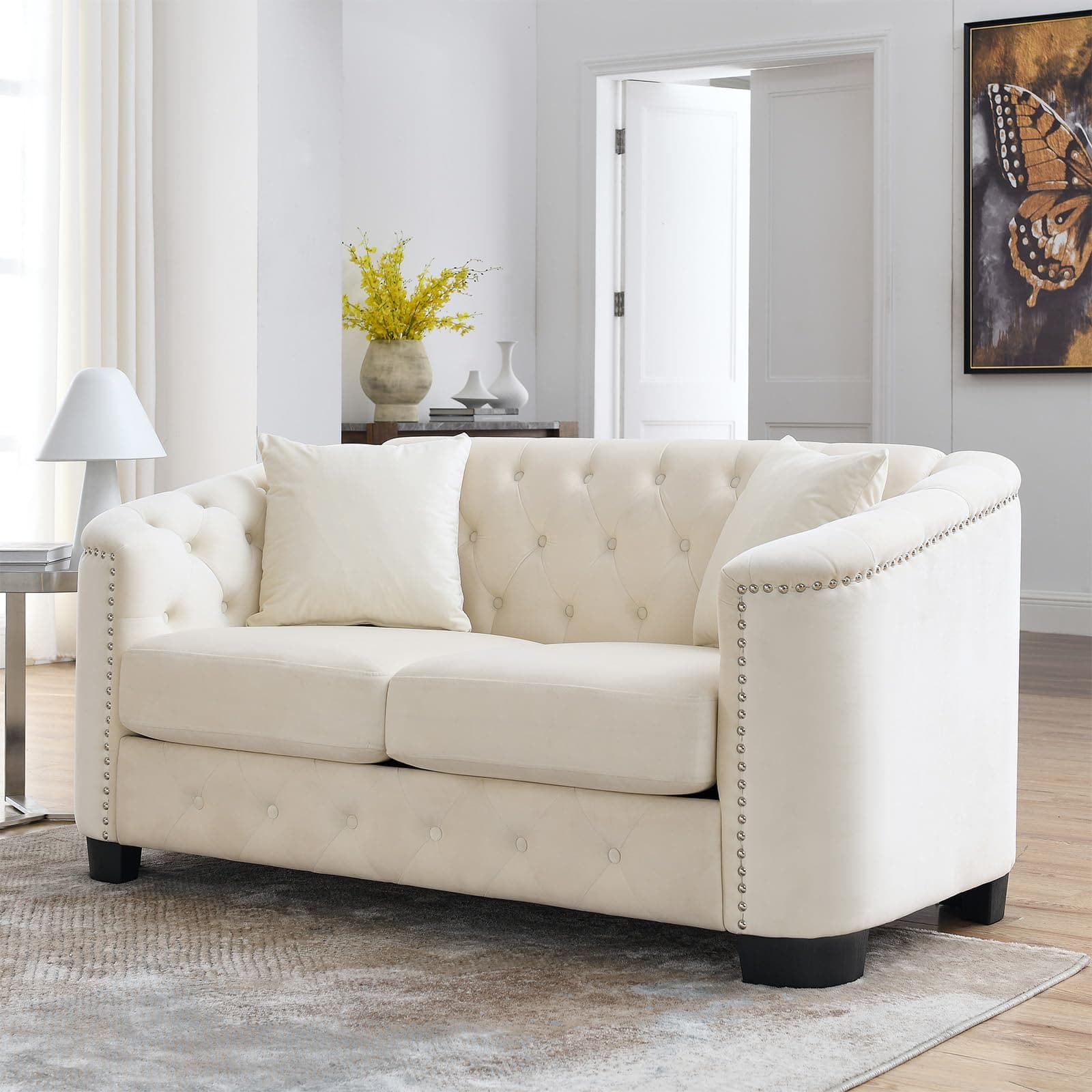 JEEOHEY Velvet Chesterfield Sofa, Oversized Loveseat with Button Nailhead Beige