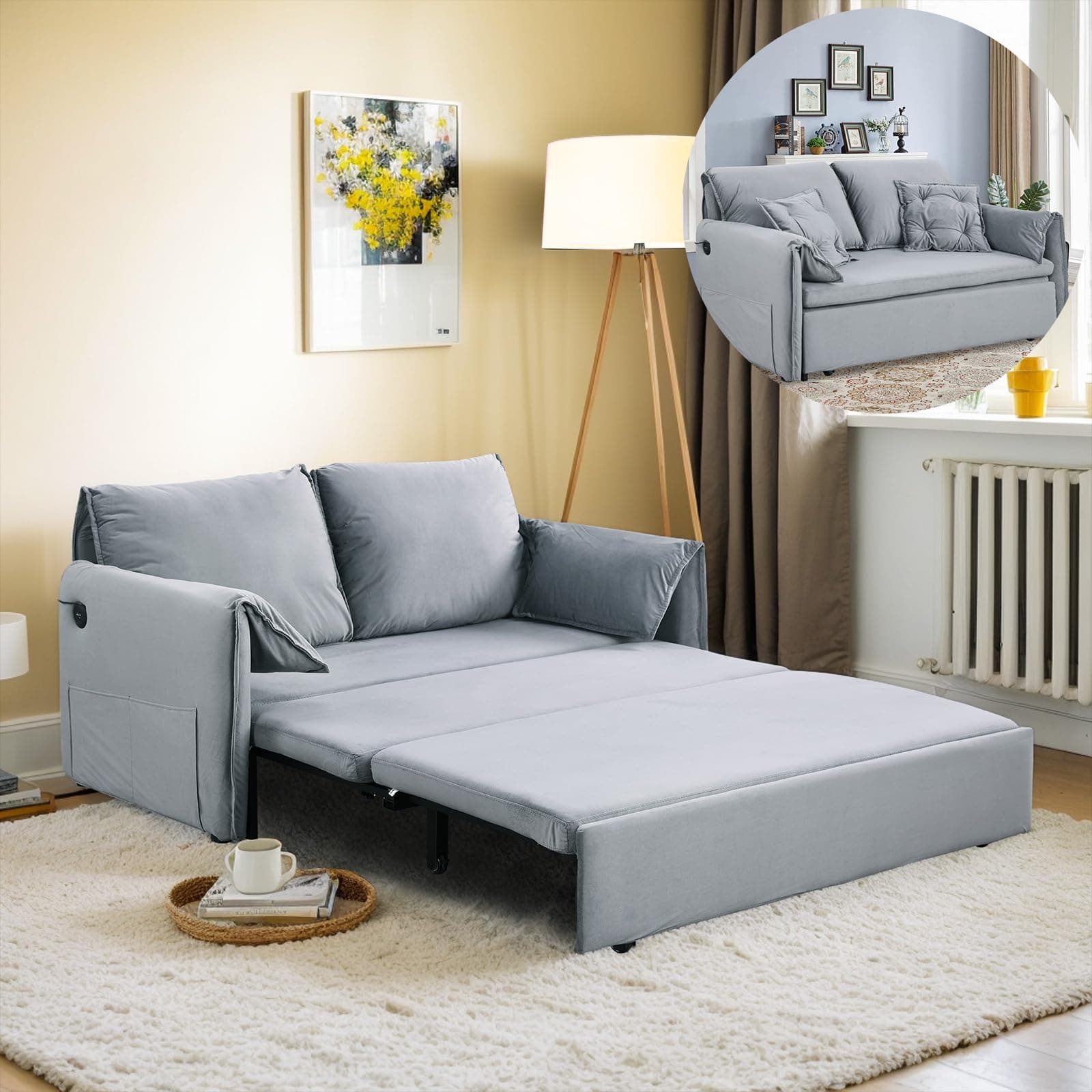 3-in-1 Queen Size Futon Sofa Bed with USB, Side Storage, Grey
