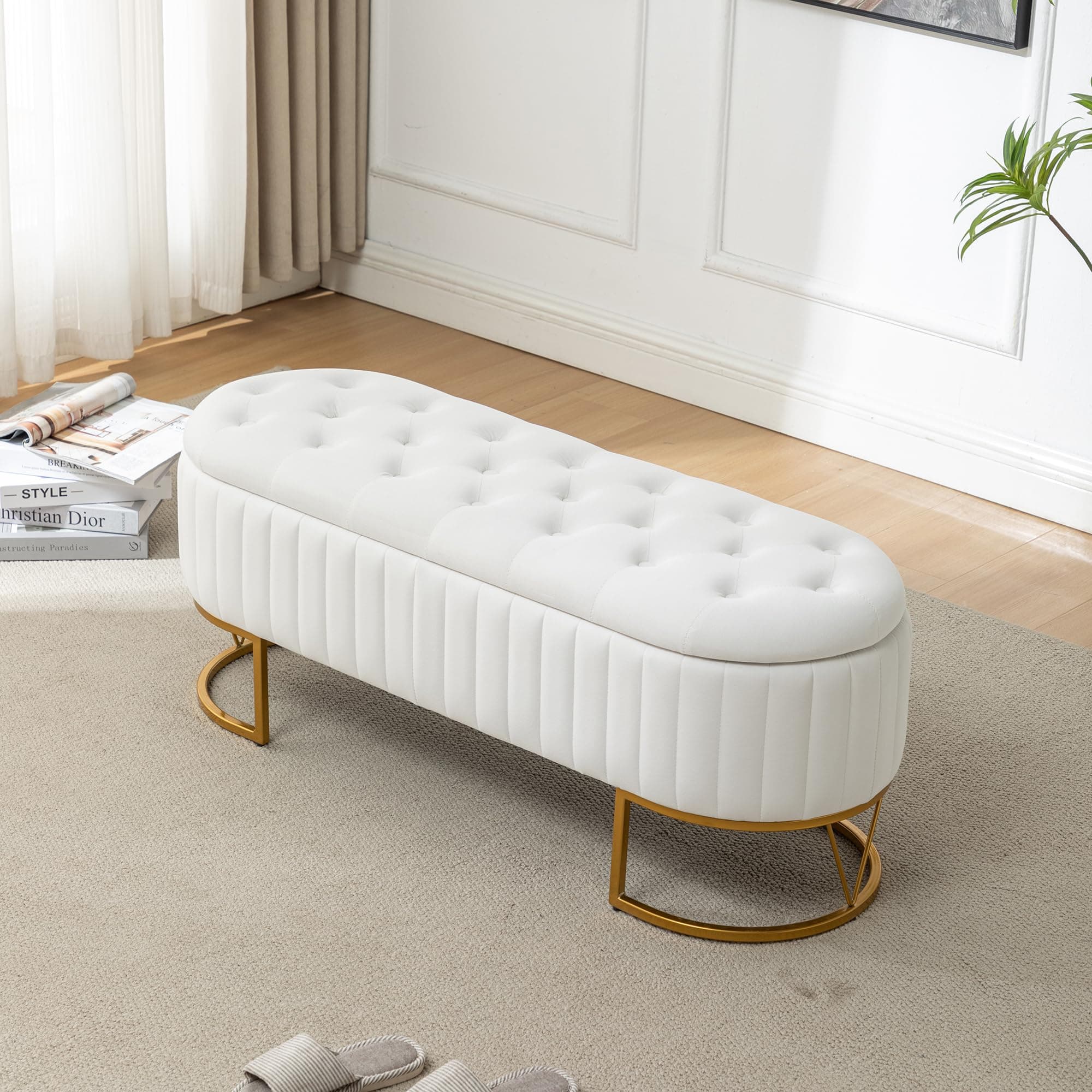 Modern Velvet Upholstered Storage Bench with Golden Metal Legs - Ivory