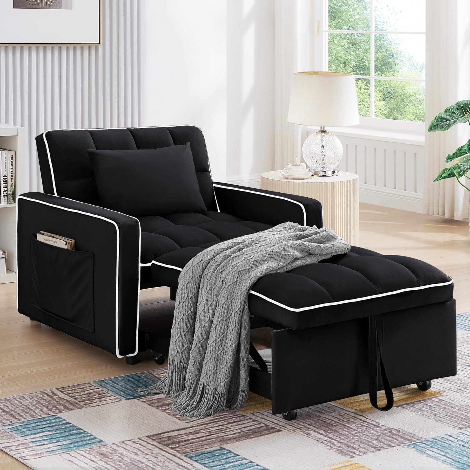 3-in-1 Velvet Convertible Sofa Bed, Black, Living Room Sleeper Chair