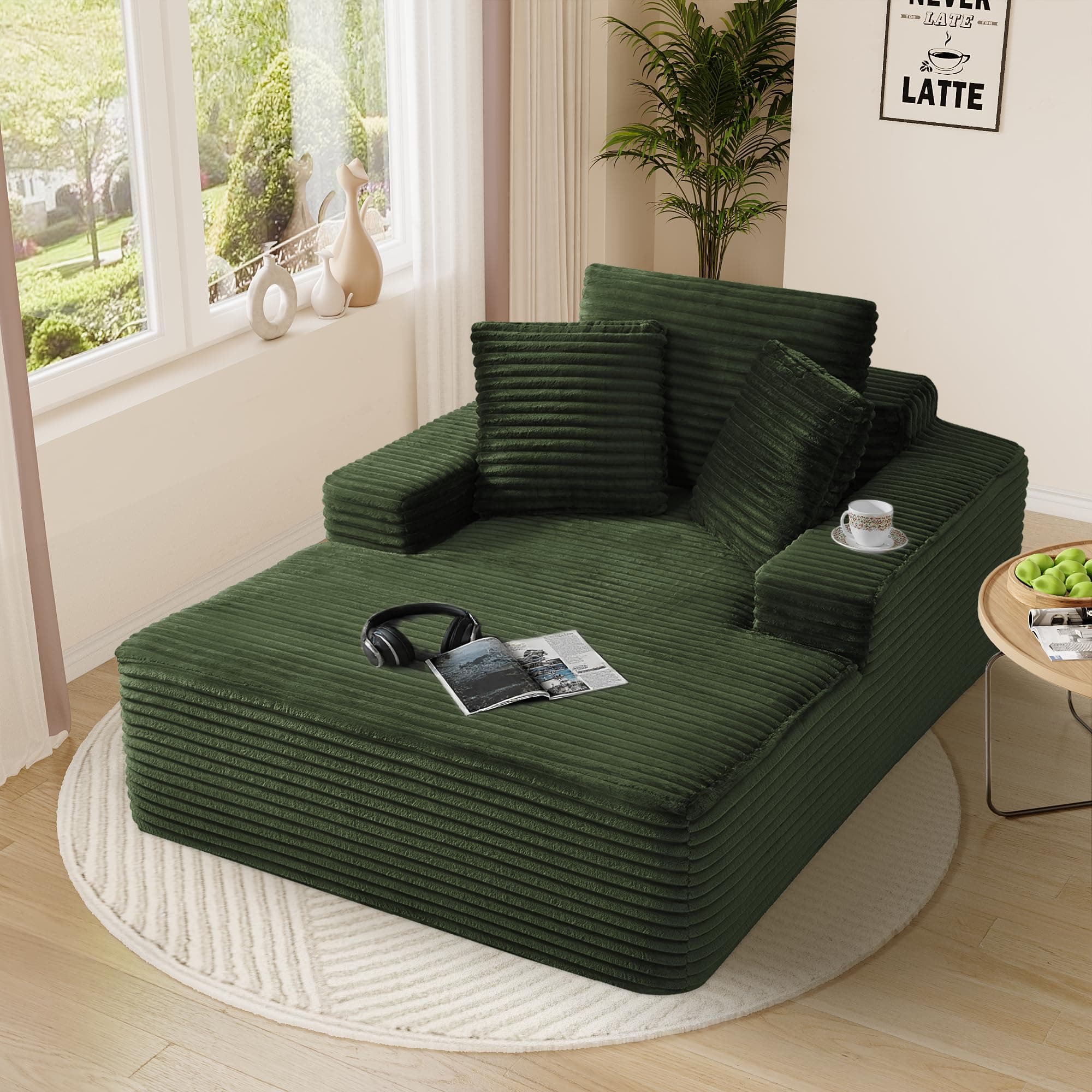 Oversized Green Faux Fur Chaise Lounge Chair with Thick Backrest & 3 Pillows