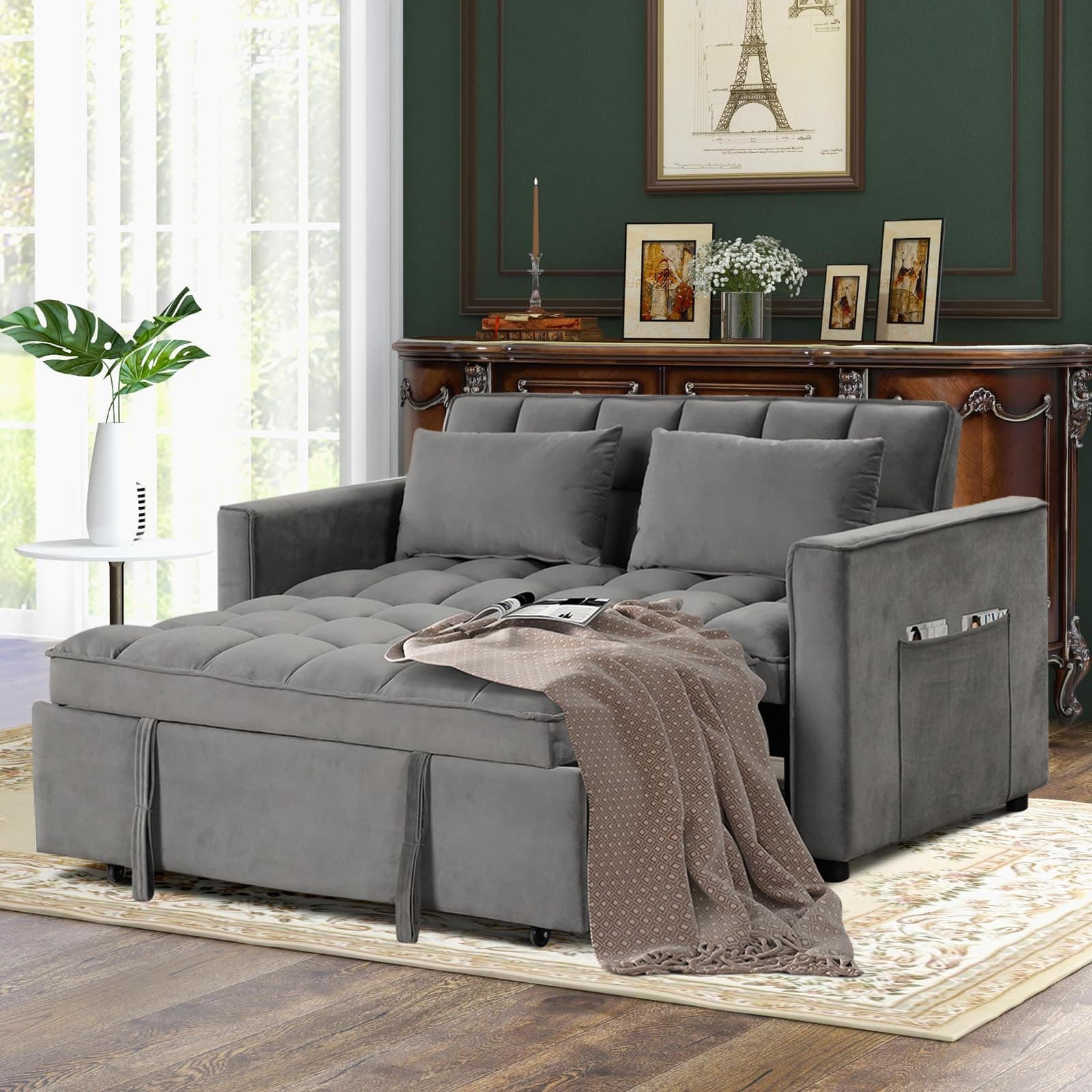 Modern Gray Convertible Sofa Bed with Multi-Functional Sleeper Couch, Pull Out Bed, and Chaise Lounge