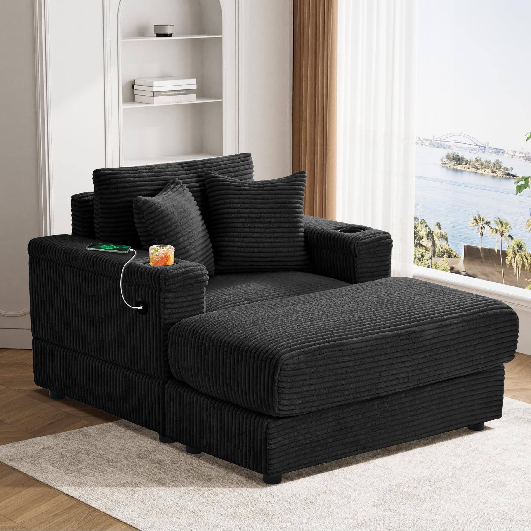 Oversized Chaise Lounge Chair with USB & Cup Holder - Black