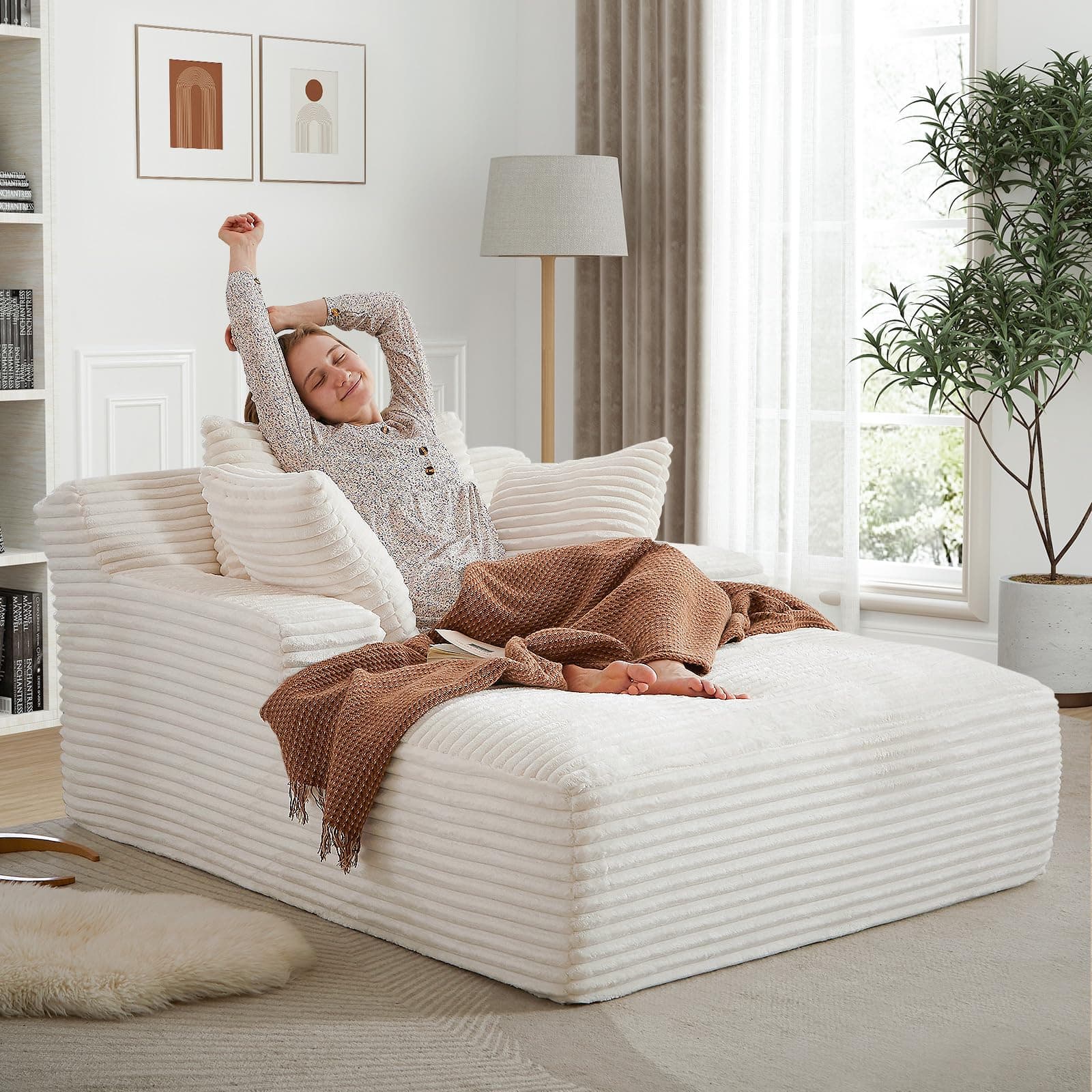 Beige Modern 50-inch Upholstered Chaise Lounge Sofa Bed with Throw Pillows and Armrests
