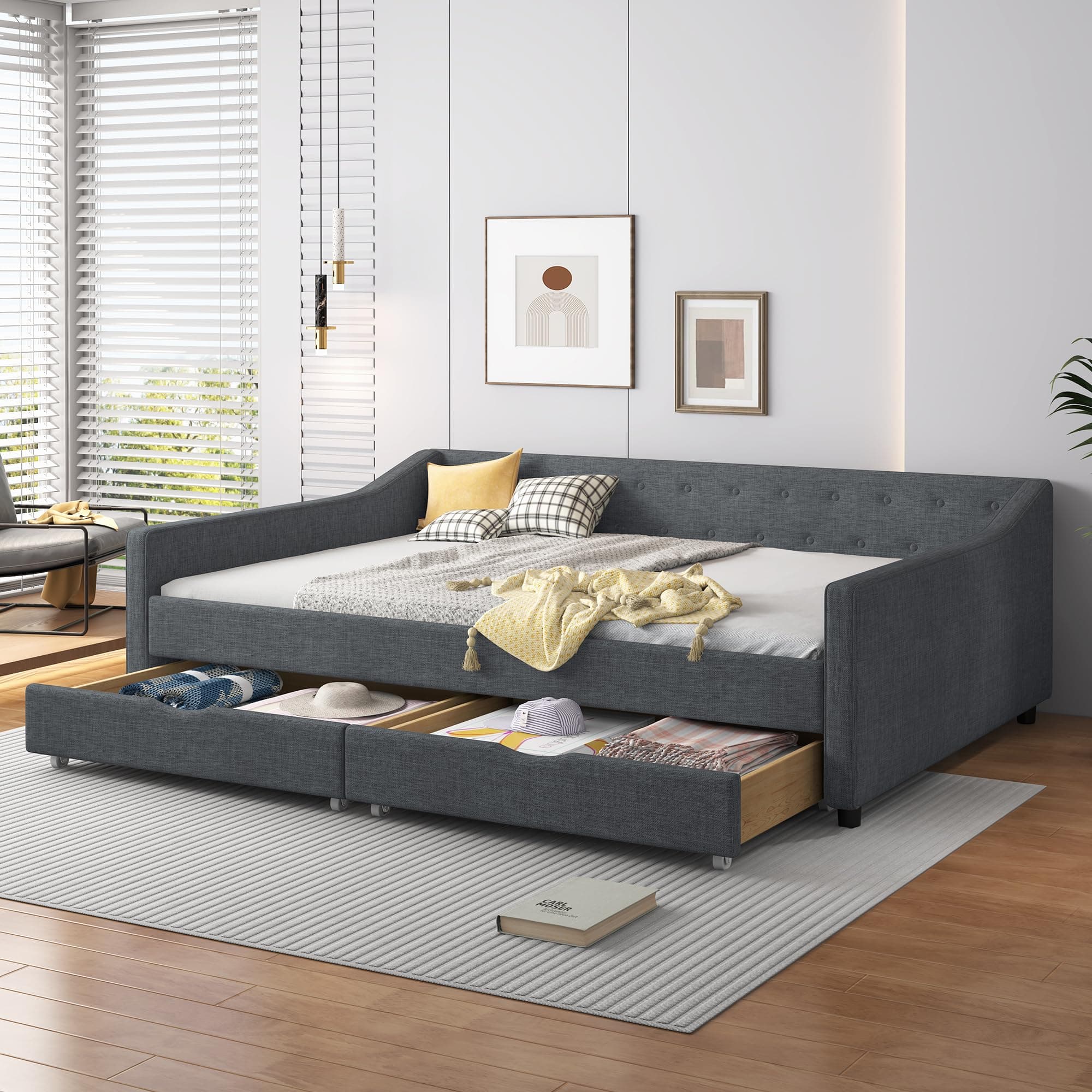 Full Size Upholstered Day Bed with Drawers & Tufted Back, Dark Grey