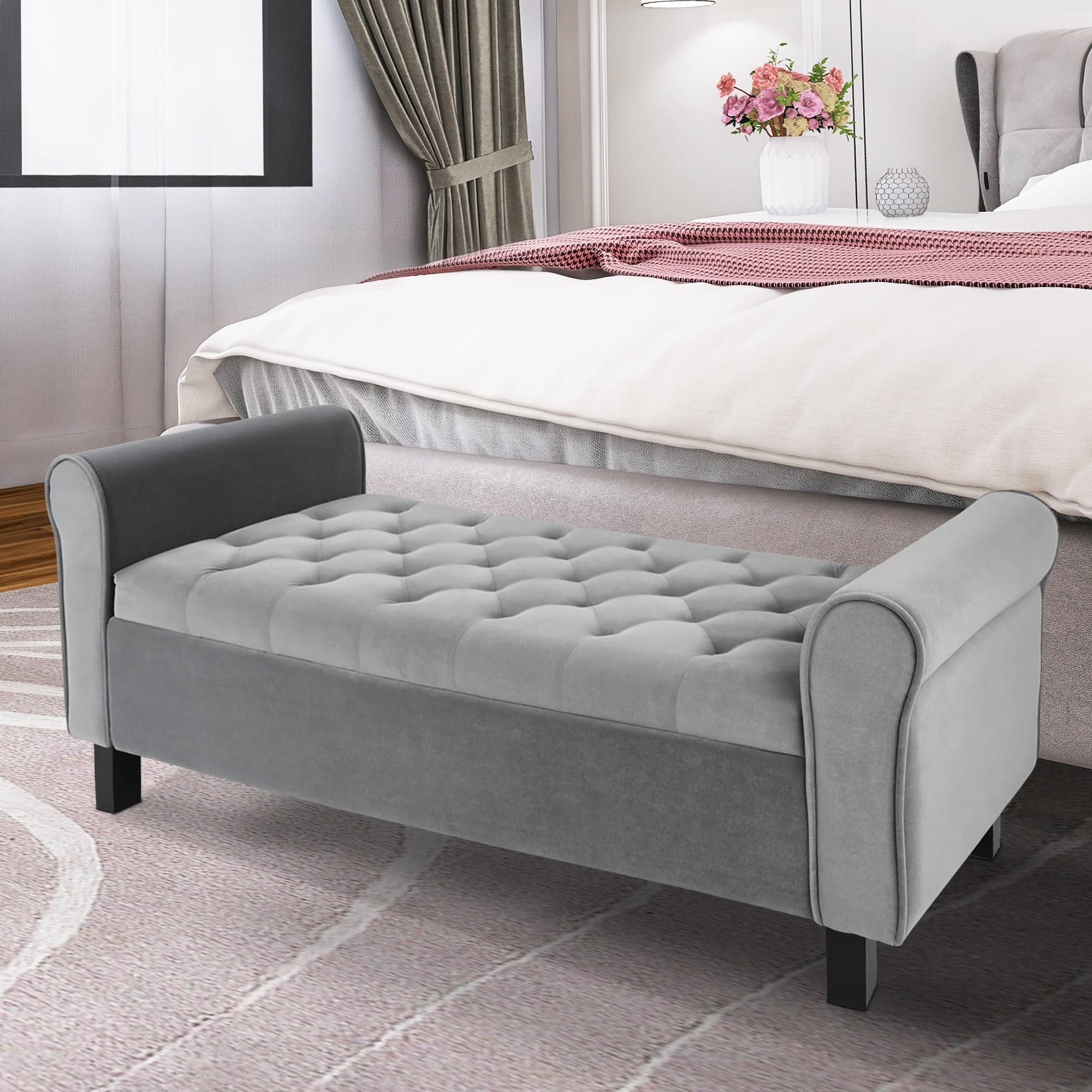 TY ARTS & CULTURE Large Gray Velvet Storage Bench for Bedroom & Entryway