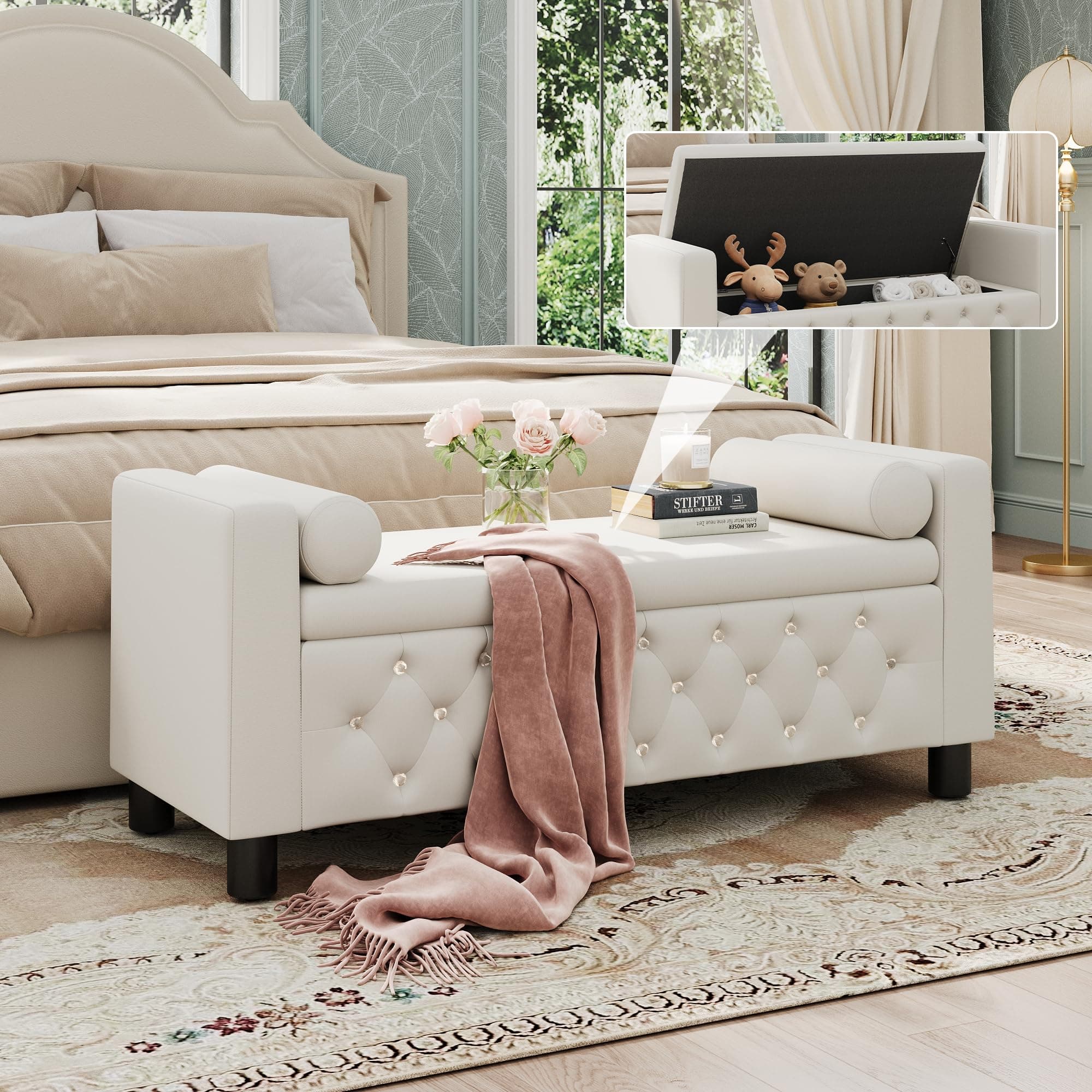 Maupvit 55" Linen Upholstered Storage Bench with Arms & 2 Pillows, Beige