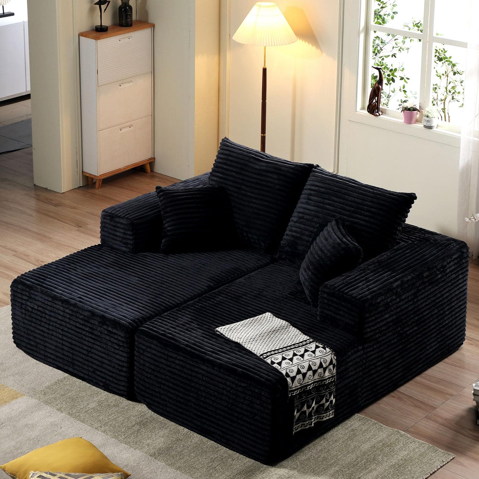 Oversized Black Chaise Lounge Chair, Recliner with Pillows, Fluffy Loveseat Sofa