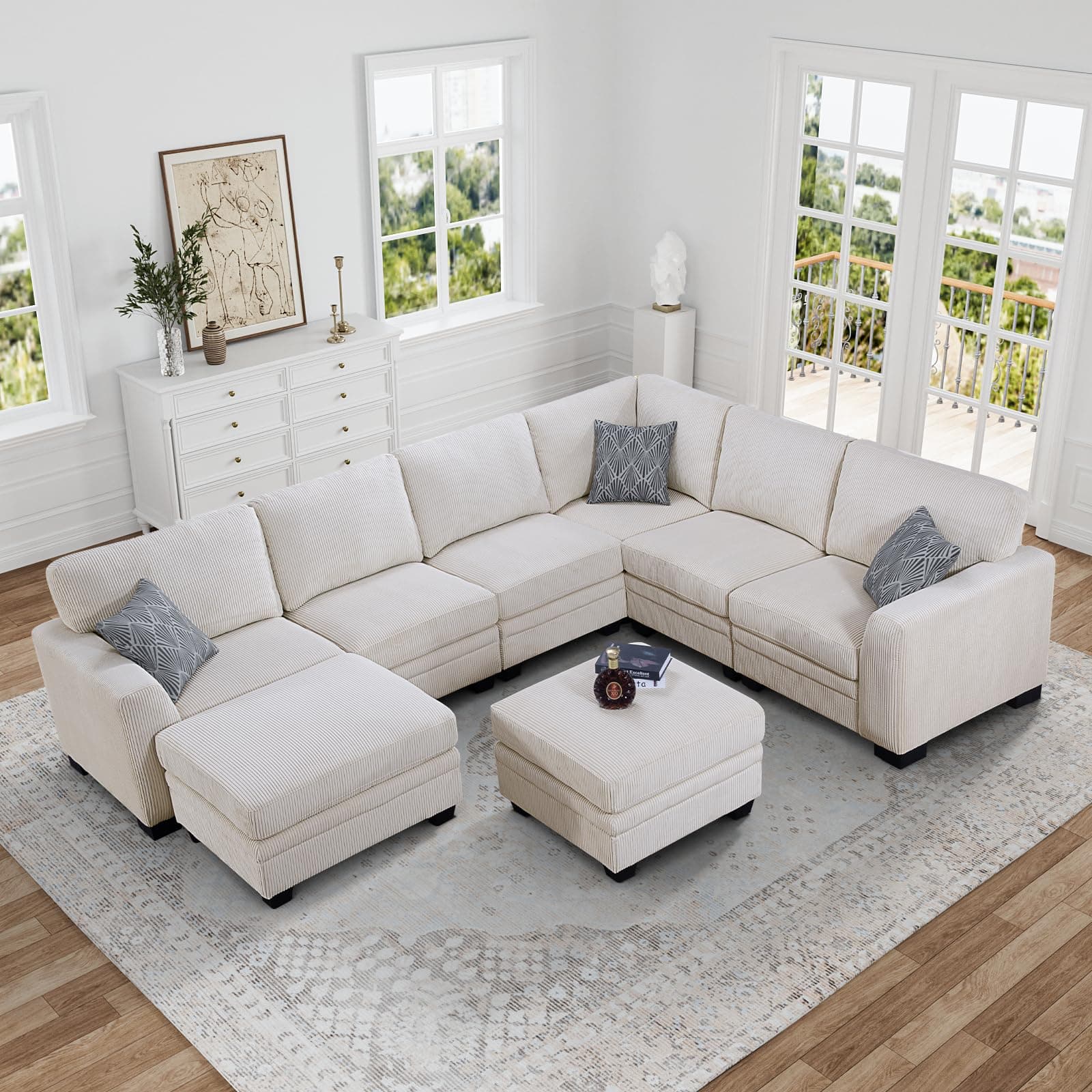 Legend Vansen U-Shaped Corduroy Sectional with Ottoman for Living Room (Cream, U-8)