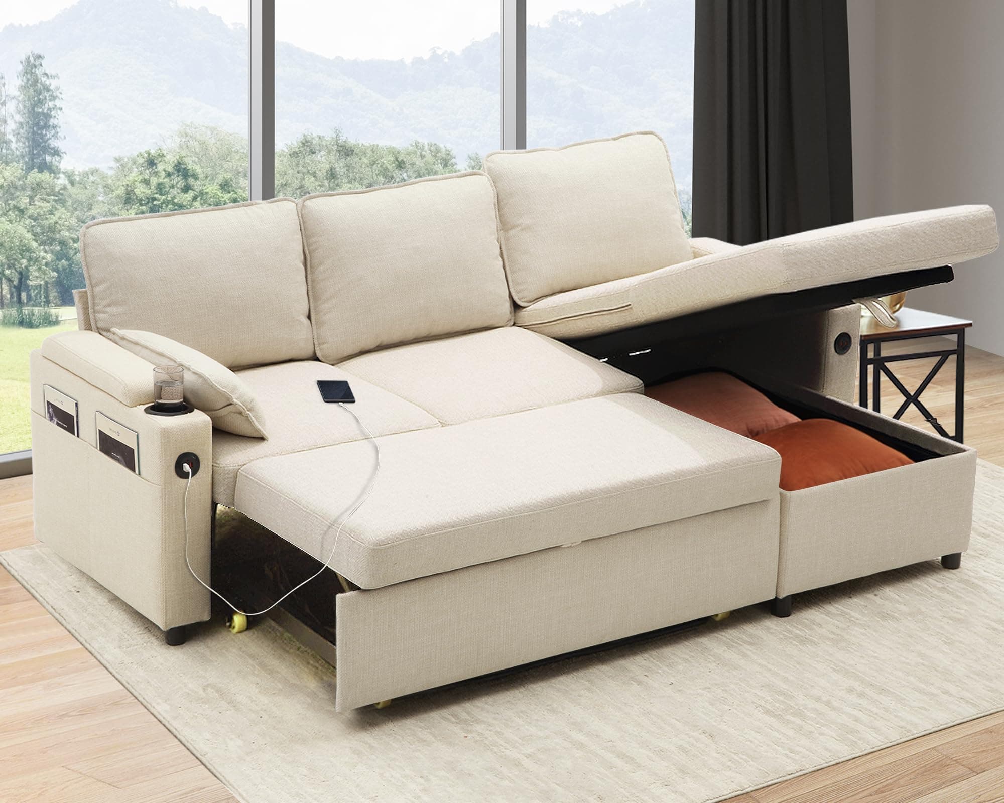 DURASPACE Beige 2-in-1 Sectional Sleeper Sofa with Storage and USB