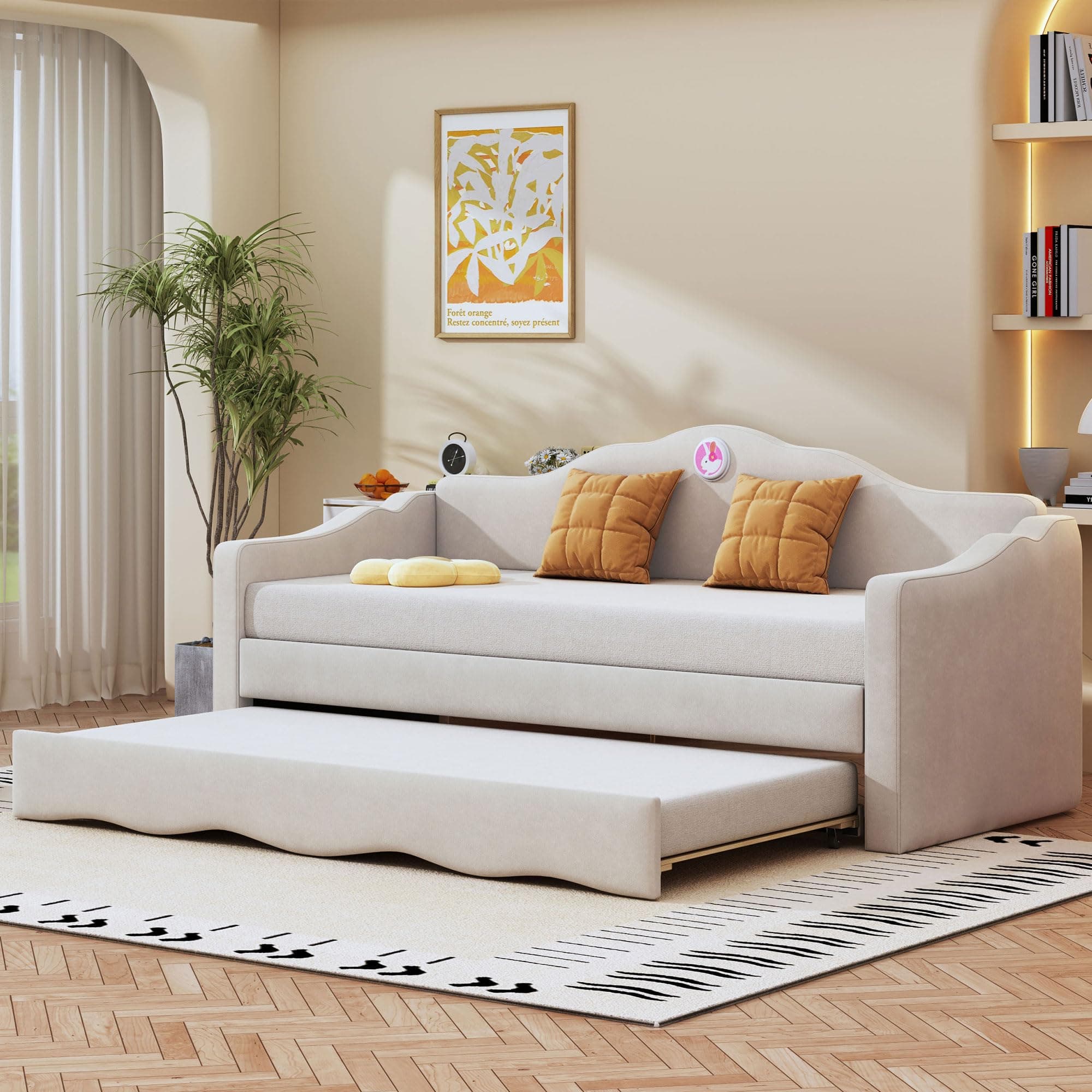 Beige Ball & Cast Upholstered Twin Daybed with Wave Back & Arm, No Box Spring Needed