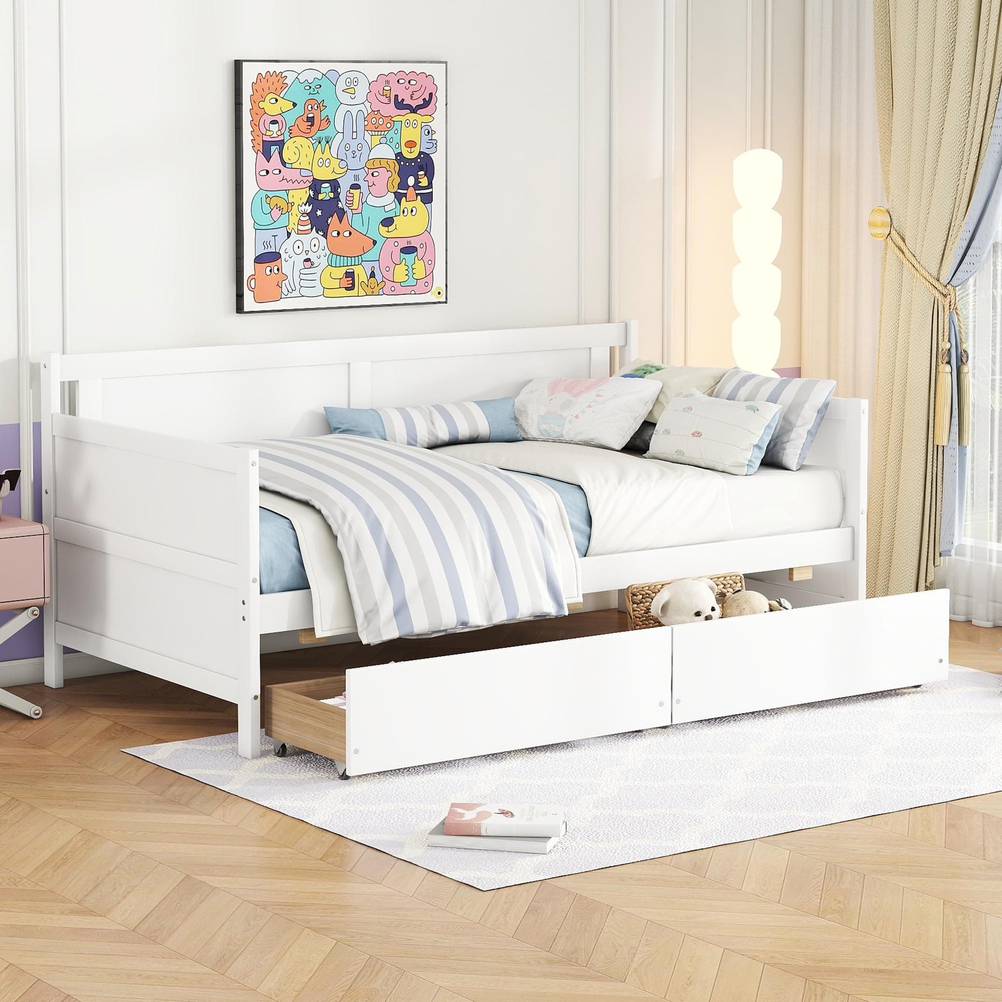 Twin Size Daybed Frame with Storage Drawers, White Wood Bed