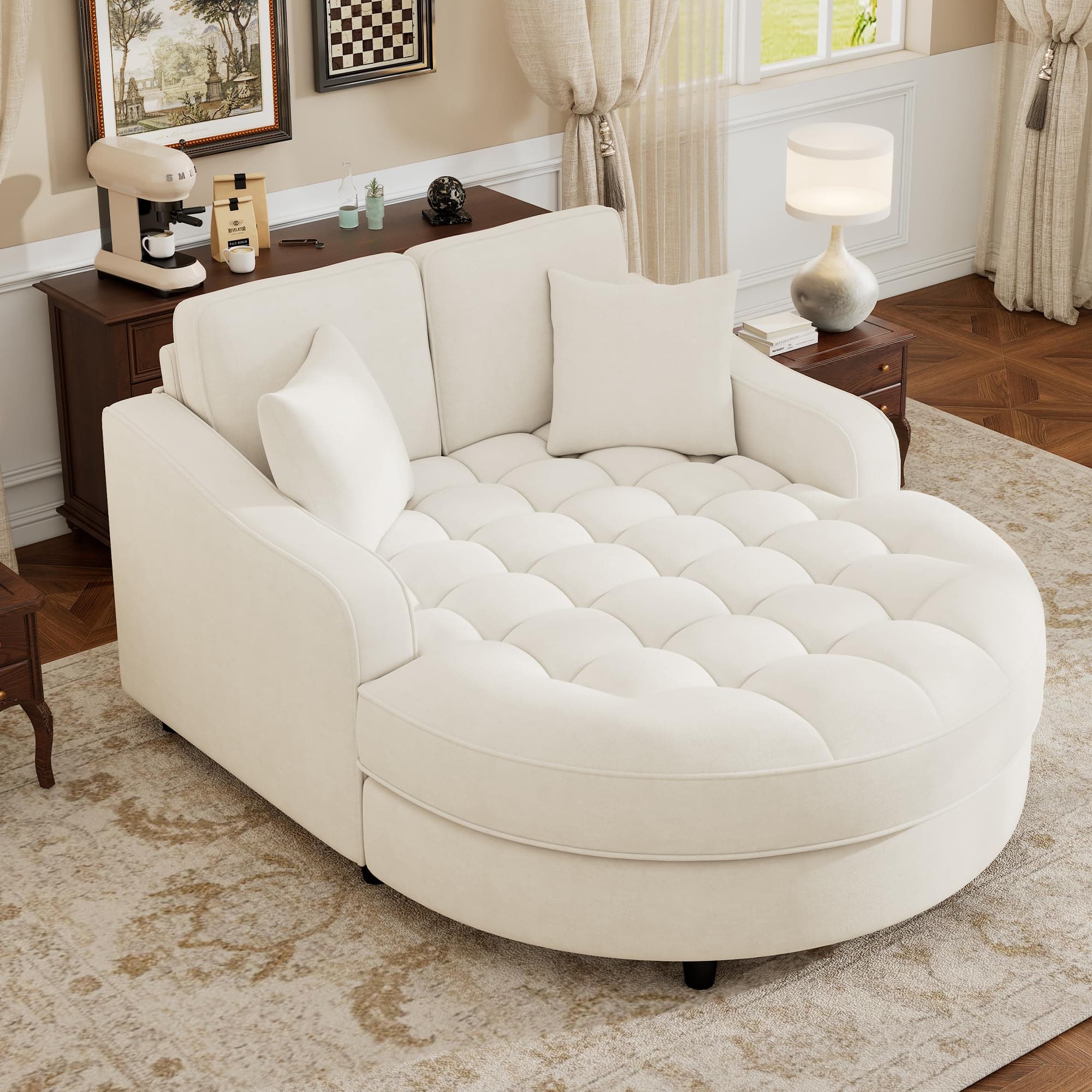 Modern Elegant Tufted Oversized Chaise Lounge Sofa Bed, Cream Beige, Extra Wide Seat