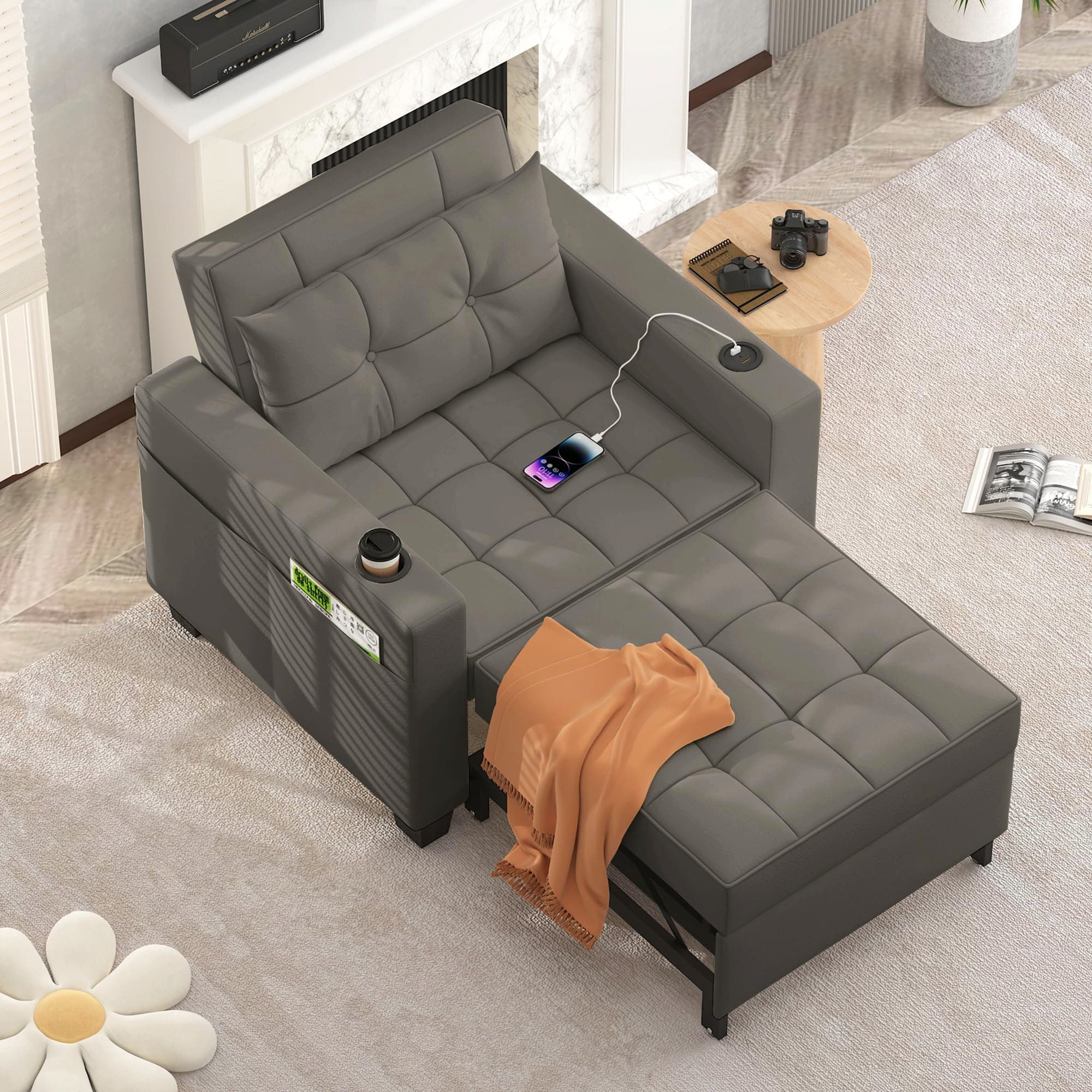 DURASPACE 3-in-1 Convertible Pull Out Sofa Bed with USB, Gray Faux Leather for Living Room