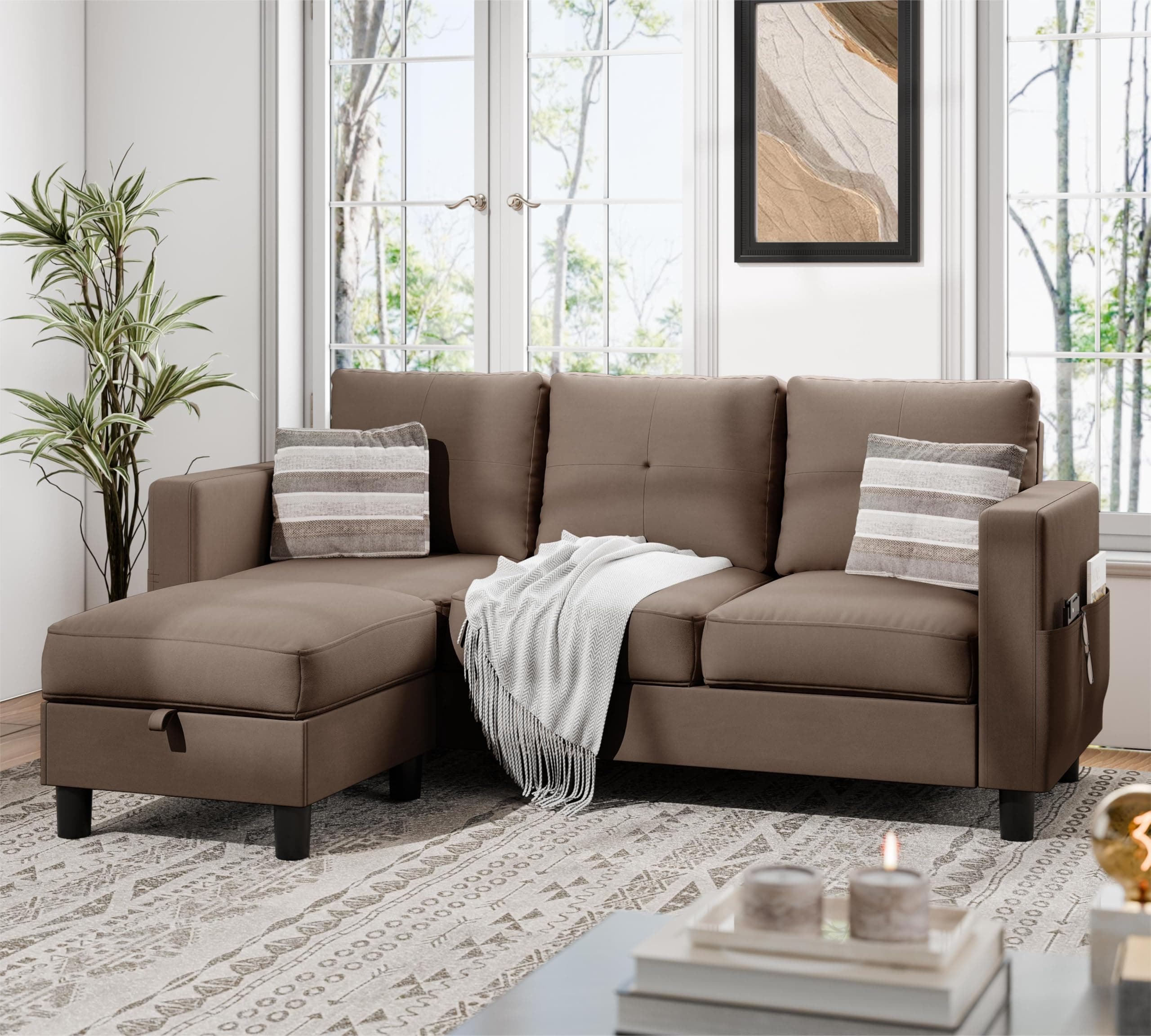 JAMFLY Brown L-Shaped Sectional with Storage for Small Spaces