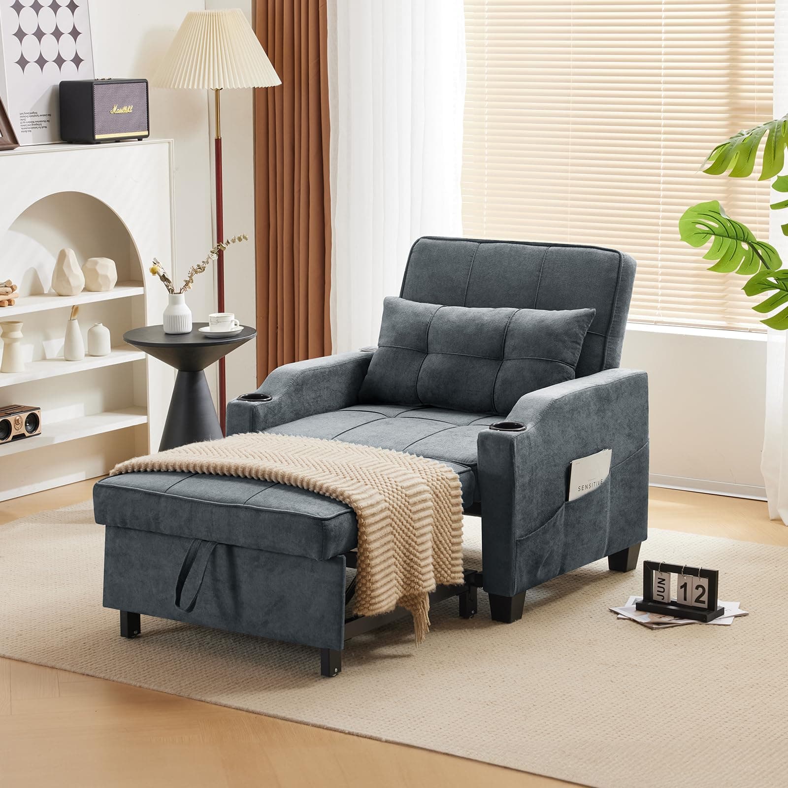 VINGLI 3-in-1 Convertible Sofa Bed with USB Ports and Cup Holders, Dark Grey