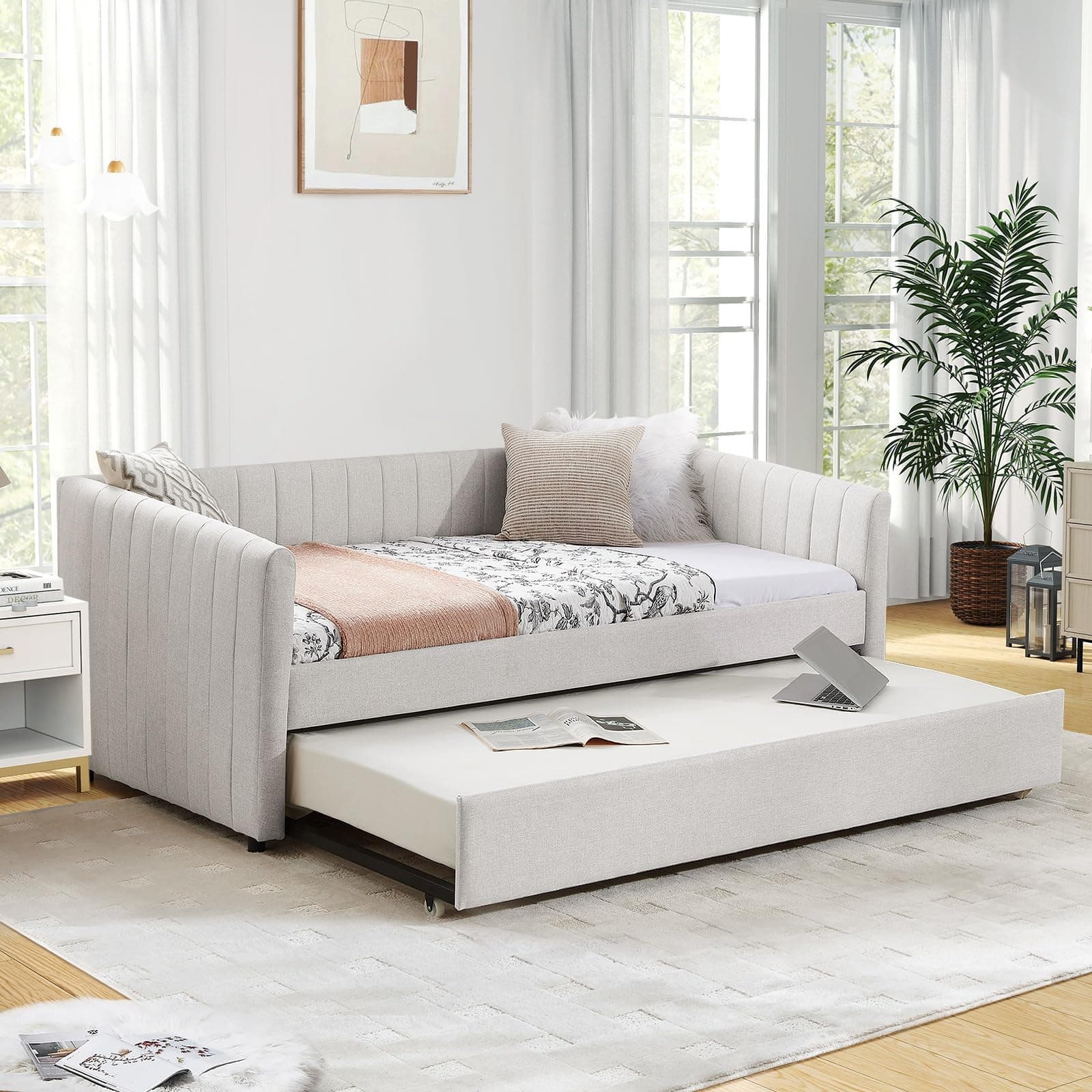Twin Size Daybed with Trundle and Stripes - Beige