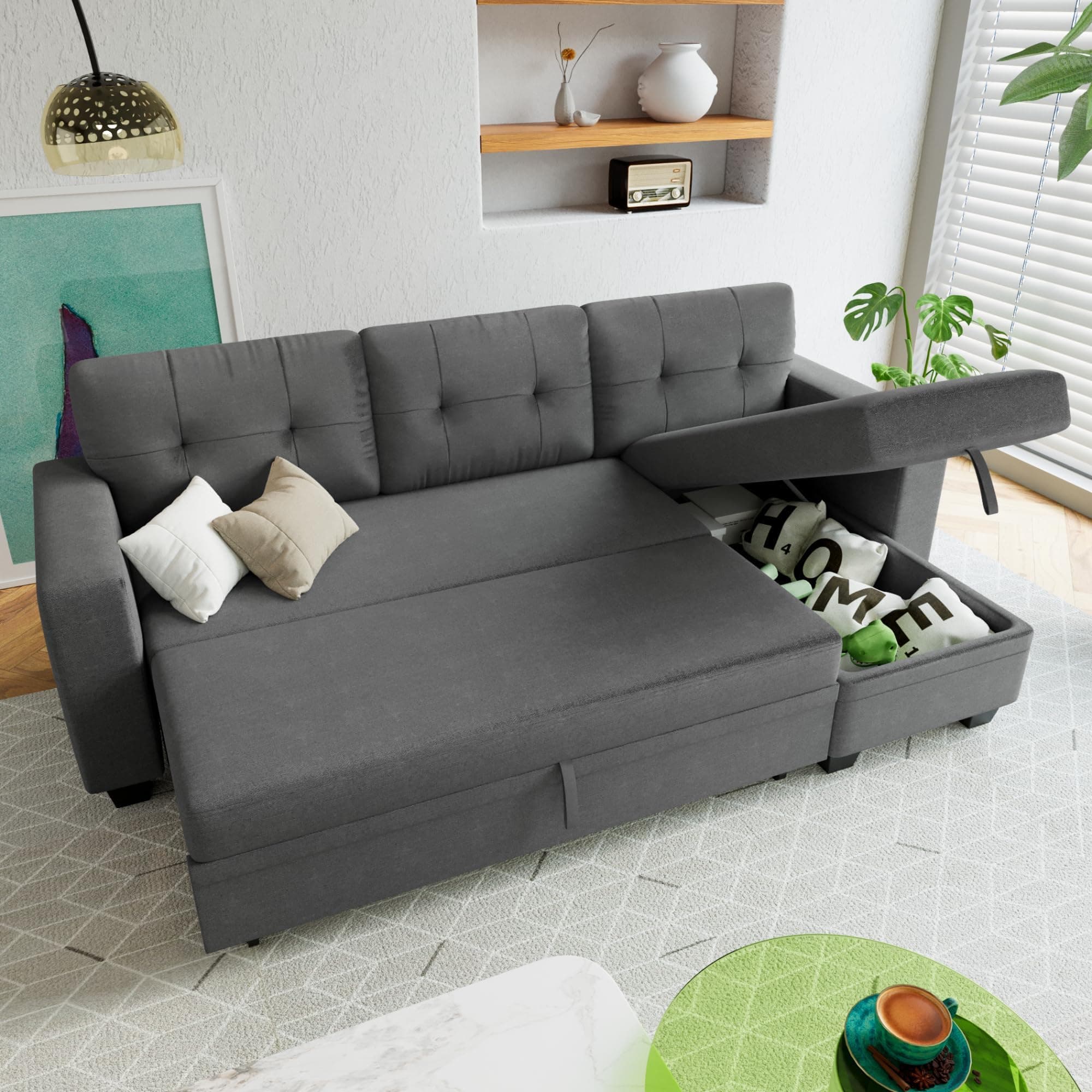 Furniwell L-Shaped Sleeper Sofa with Storage Lounge, Gray Linen (Living Room, Small Space)