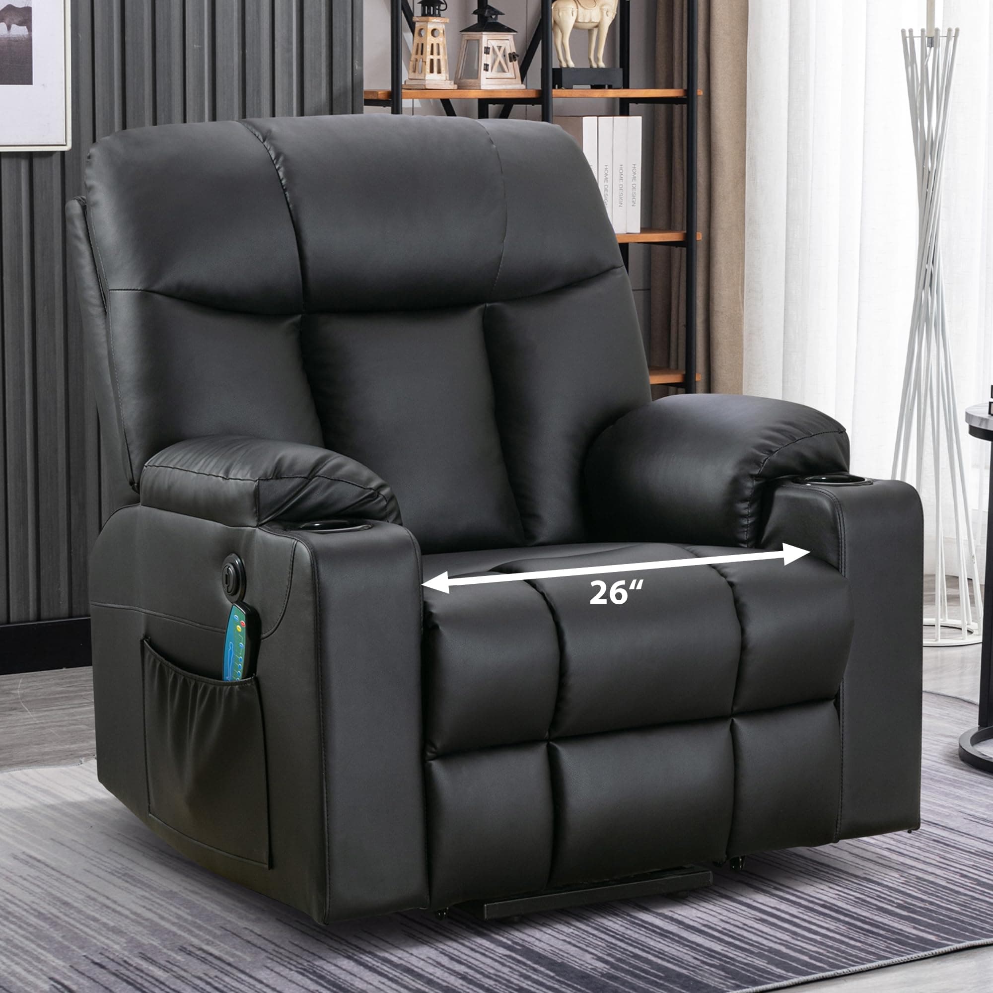 Bonzy Home 26" Extra Wide Power Recliner with Heat & Massage, Faux Leather Cup Holders