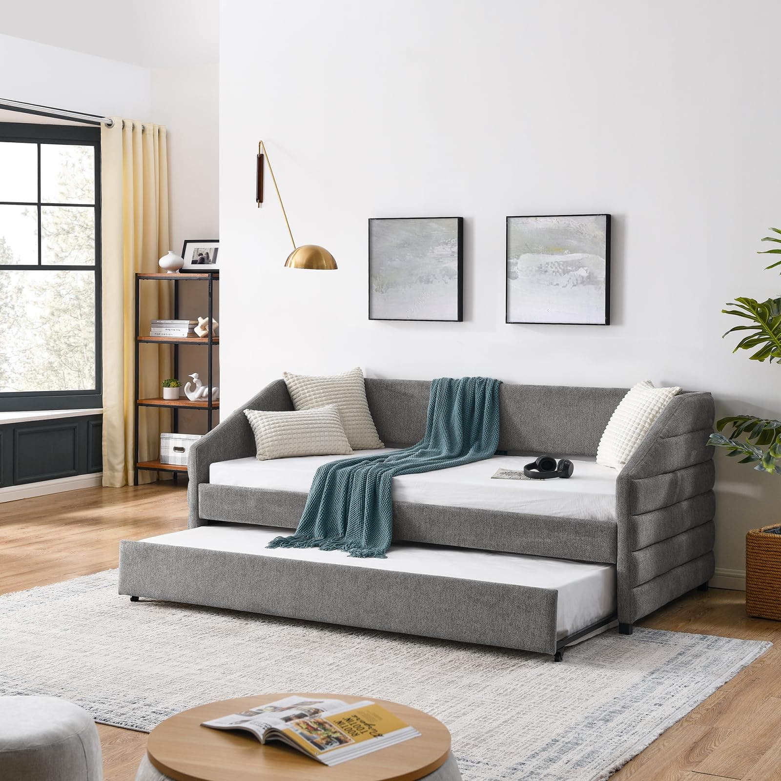 JEEOHEY Twin Size Daybed with Trundle, Modern Upholstered Linen Sofa Bed, Solid Wood Frame, Grey