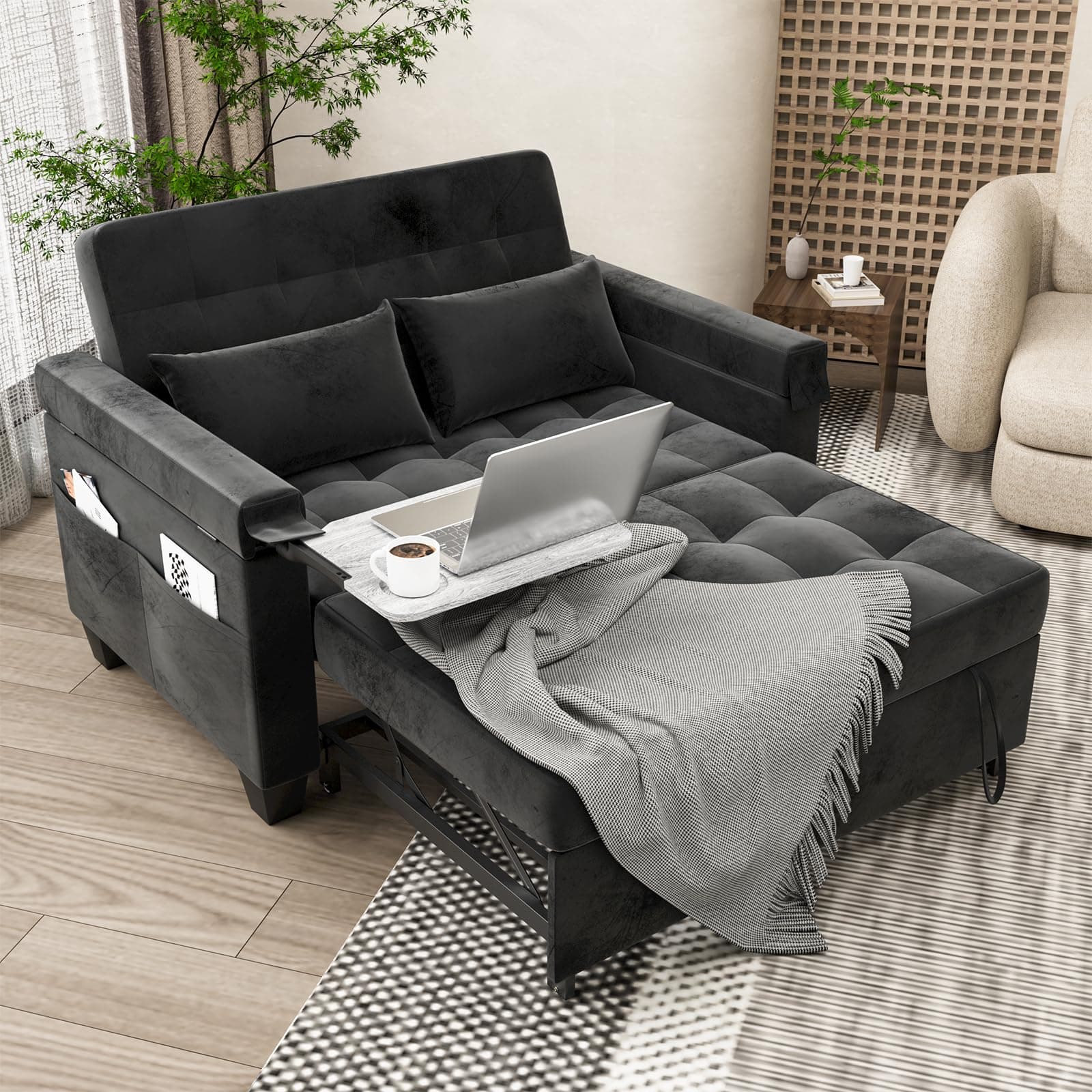 3-in-1 Convertible Sofa Bed with Adjustable Backrest & Hidden Side Table, Black