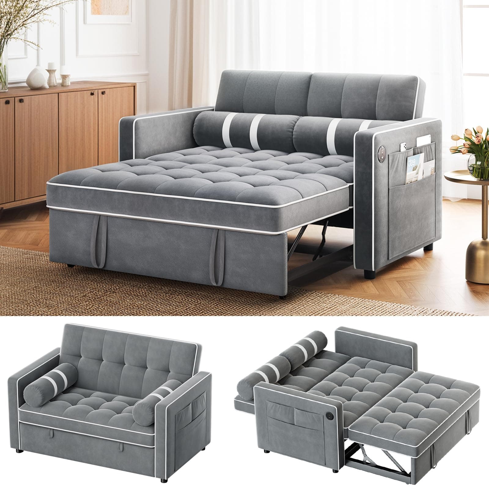 Amada 3-in-1 Convertible Couch, Grey Velvet Sleeper Sofa Bed