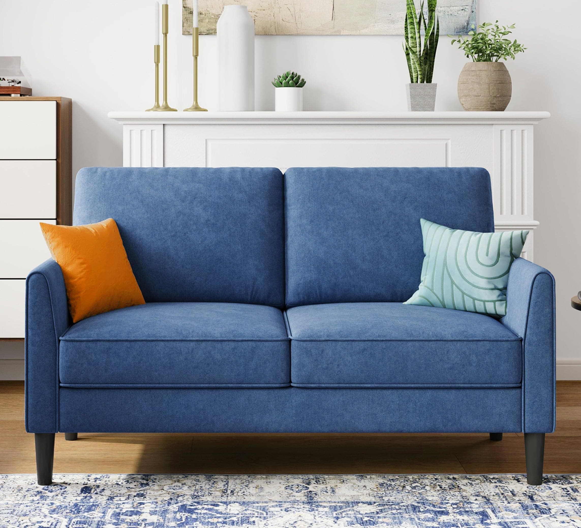 LINSY Blue Loveseat Sofa - Comfortable Small Space Couch with Thick Cushion