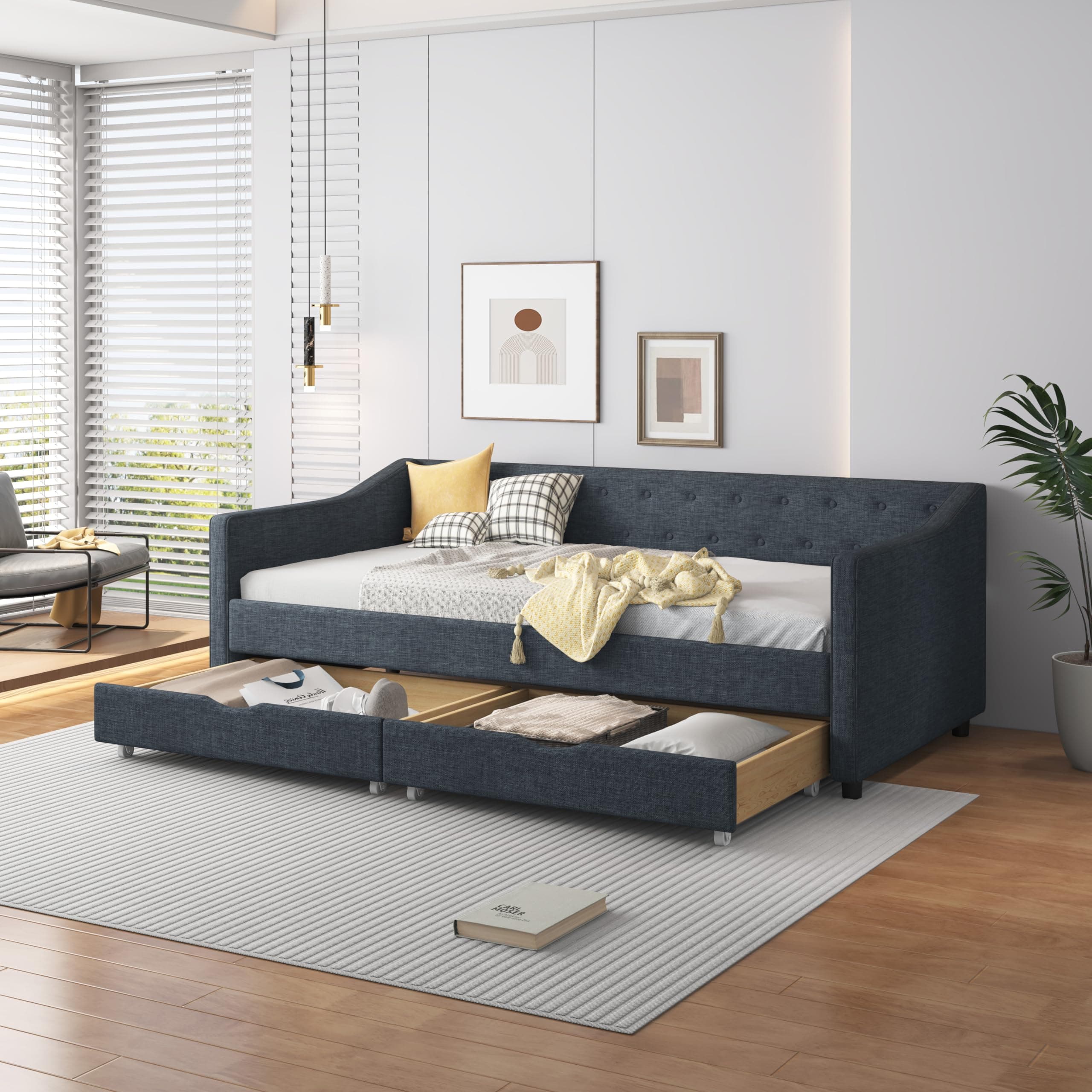 Ergonomic Twin Upholstered Daybed with Drawers & Waved Arms, Dark Grey