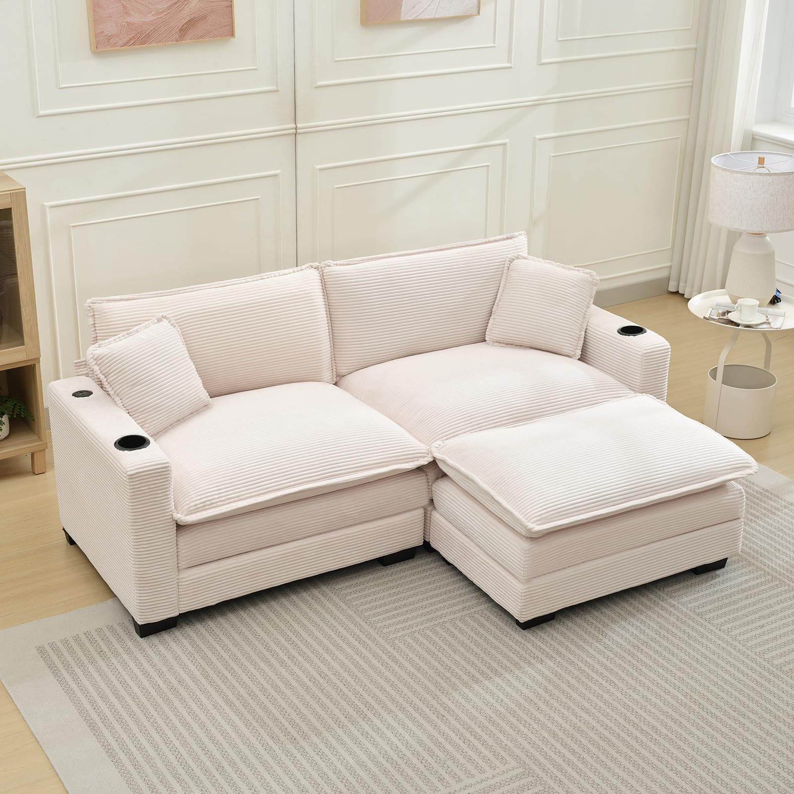 KIVENJAJA Beige Corduroy Cloud Sectional Couch, 82.7"W, Modular Loveseat with Ottoman & USB Port